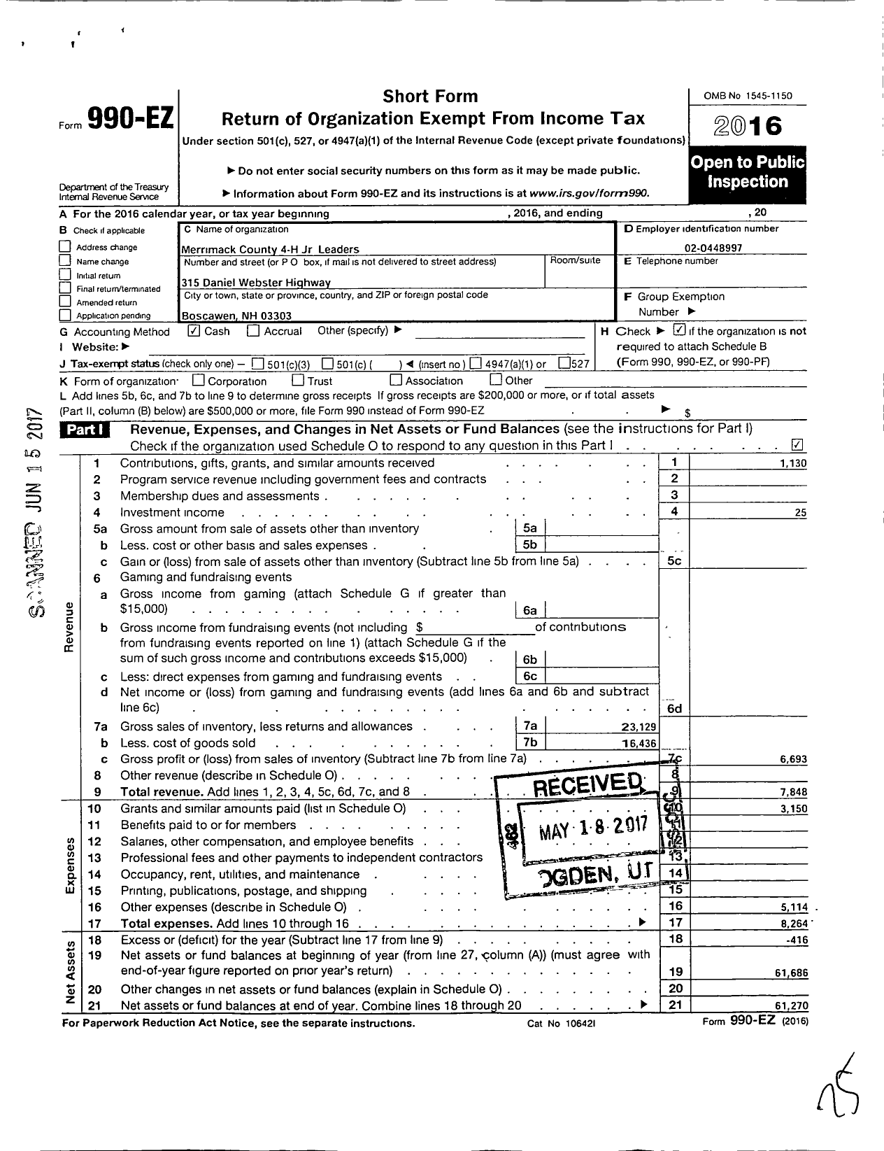 Image of first page of 2016 Form 990EO for New Hampshire 4-H Association / Merrimack County 4-H Junior Leaders