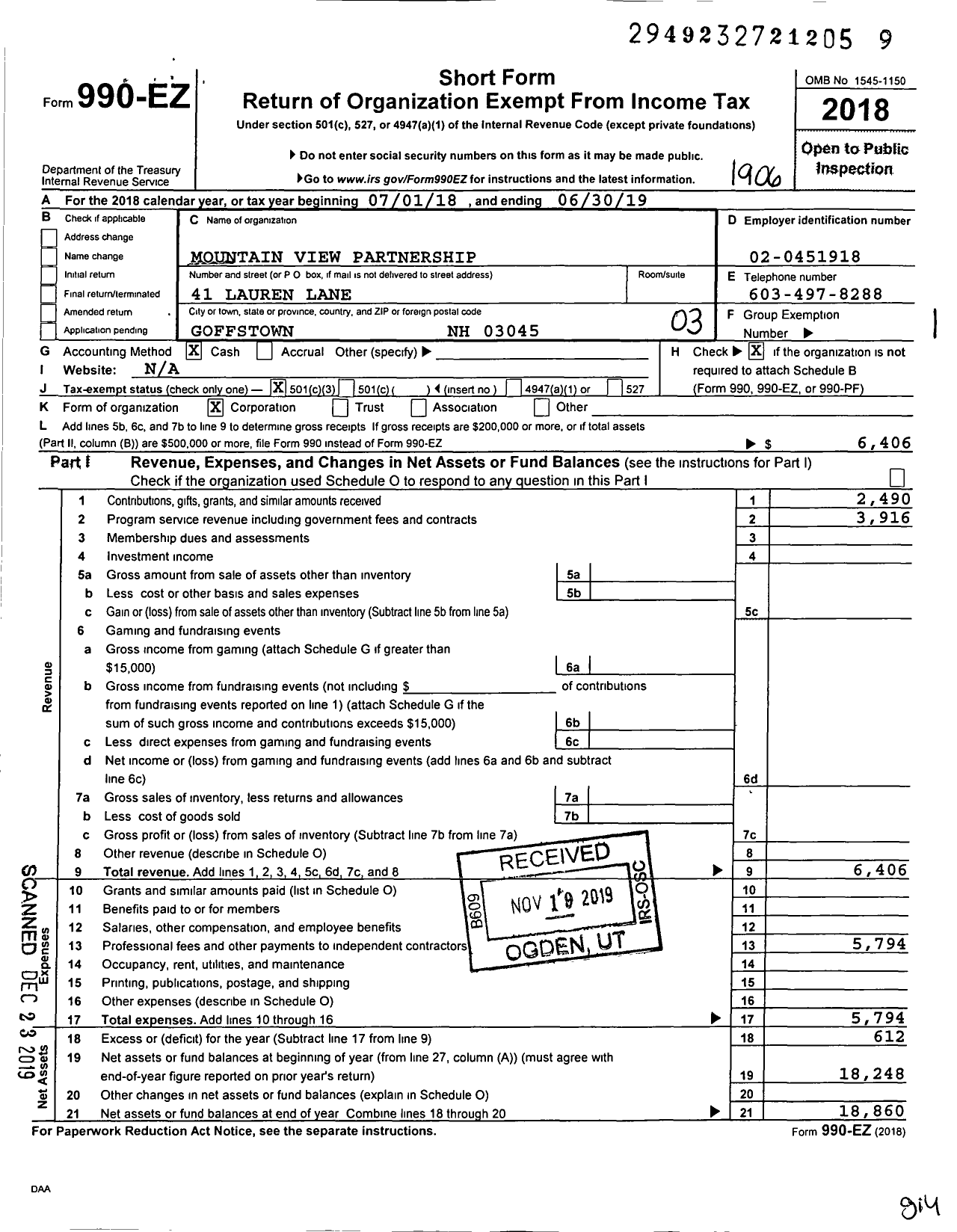 Image of first page of 2018 Form 990EZ for Mountain View Partnership