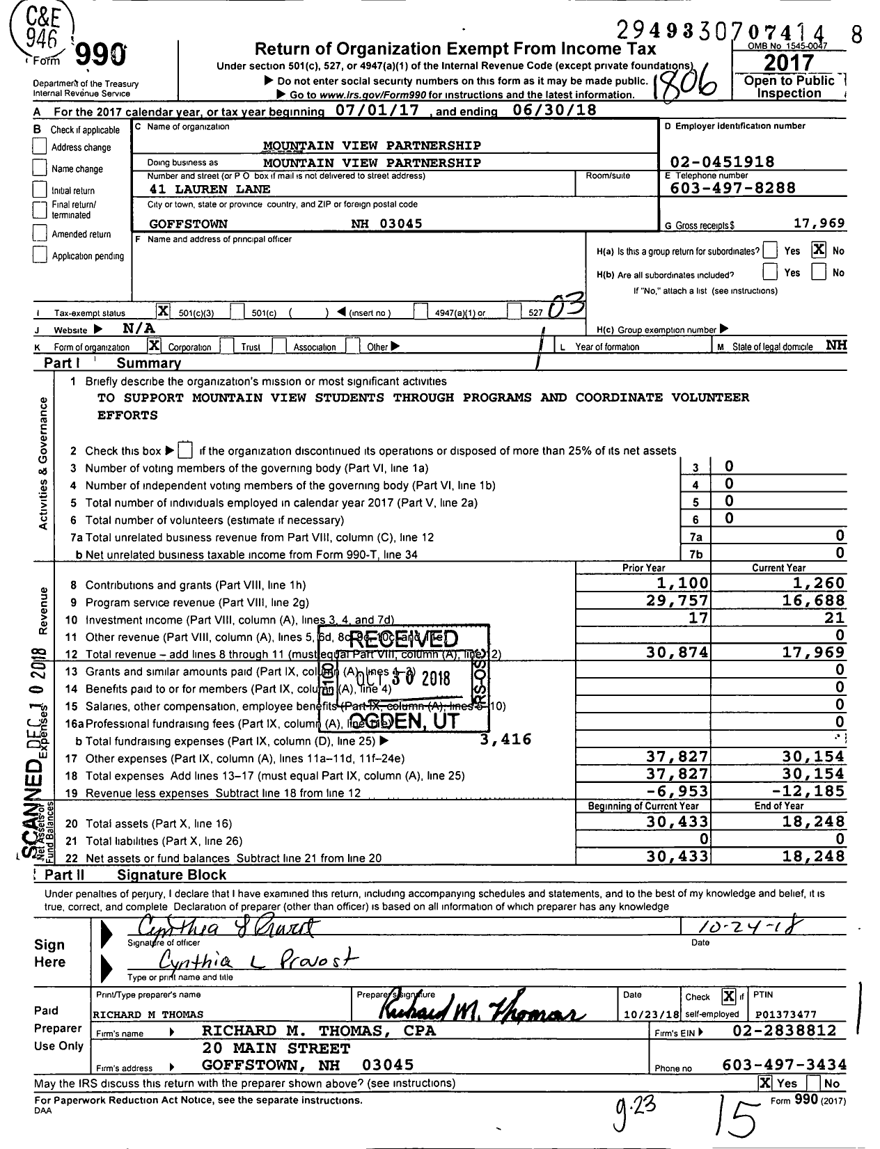 Image of first page of 2017 Form 990 for Mountain View Partnership