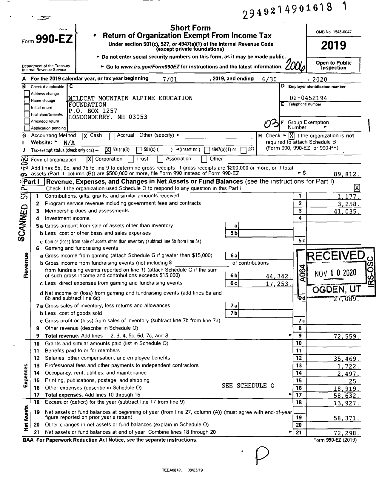 Image of first page of 2019 Form 990EZ for Wildcat Mountain Alpine Education Foundation