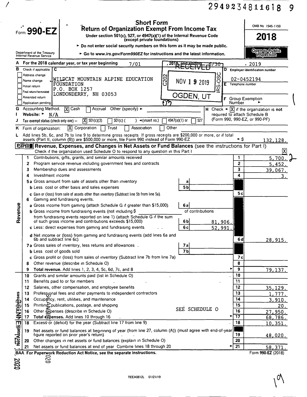 Image of first page of 2018 Form 990EZ for Wildcat Mountain Alpine Education Foundation