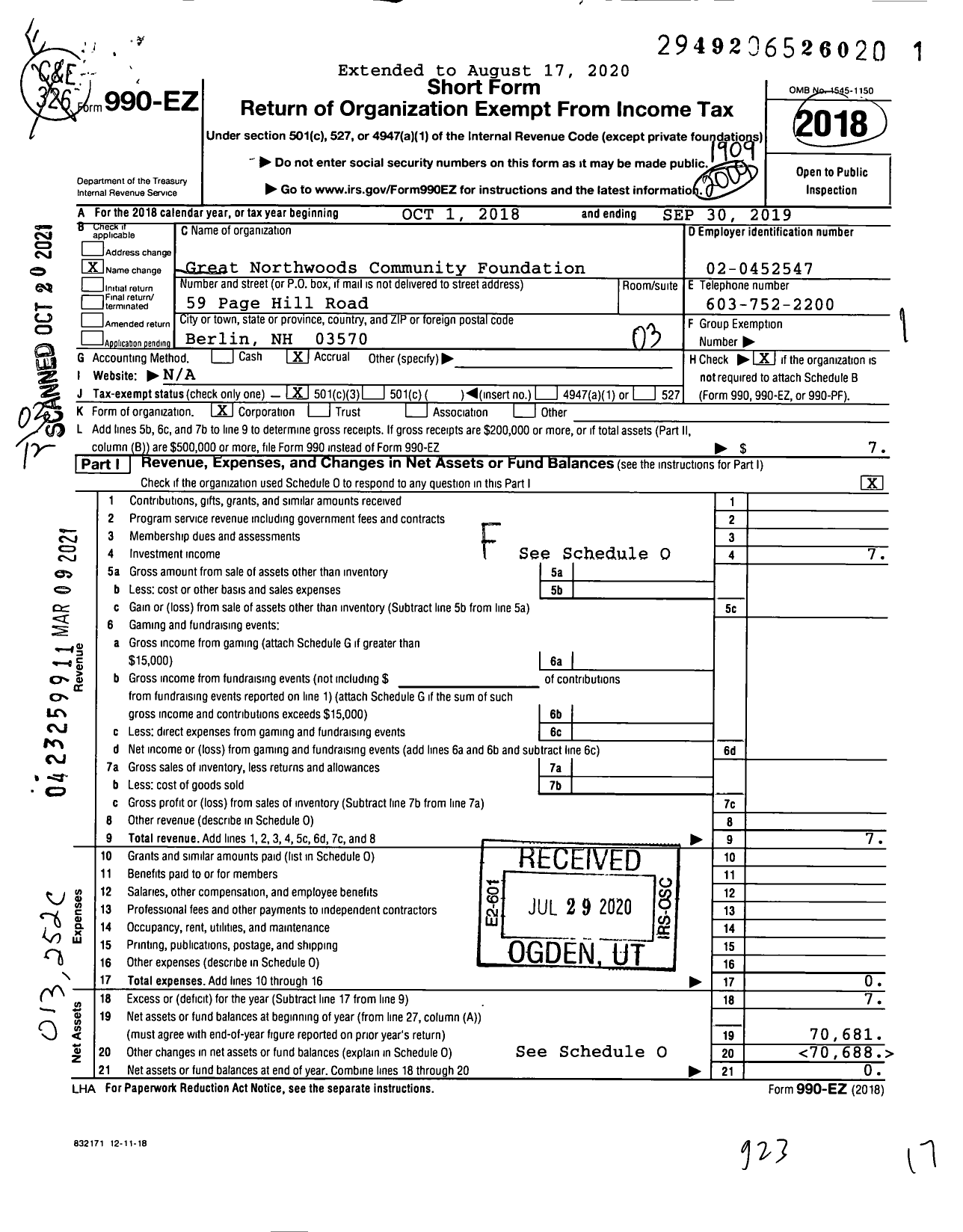 Image of first page of 2018 Form 990EZ for Great Northwoods Community Foundation