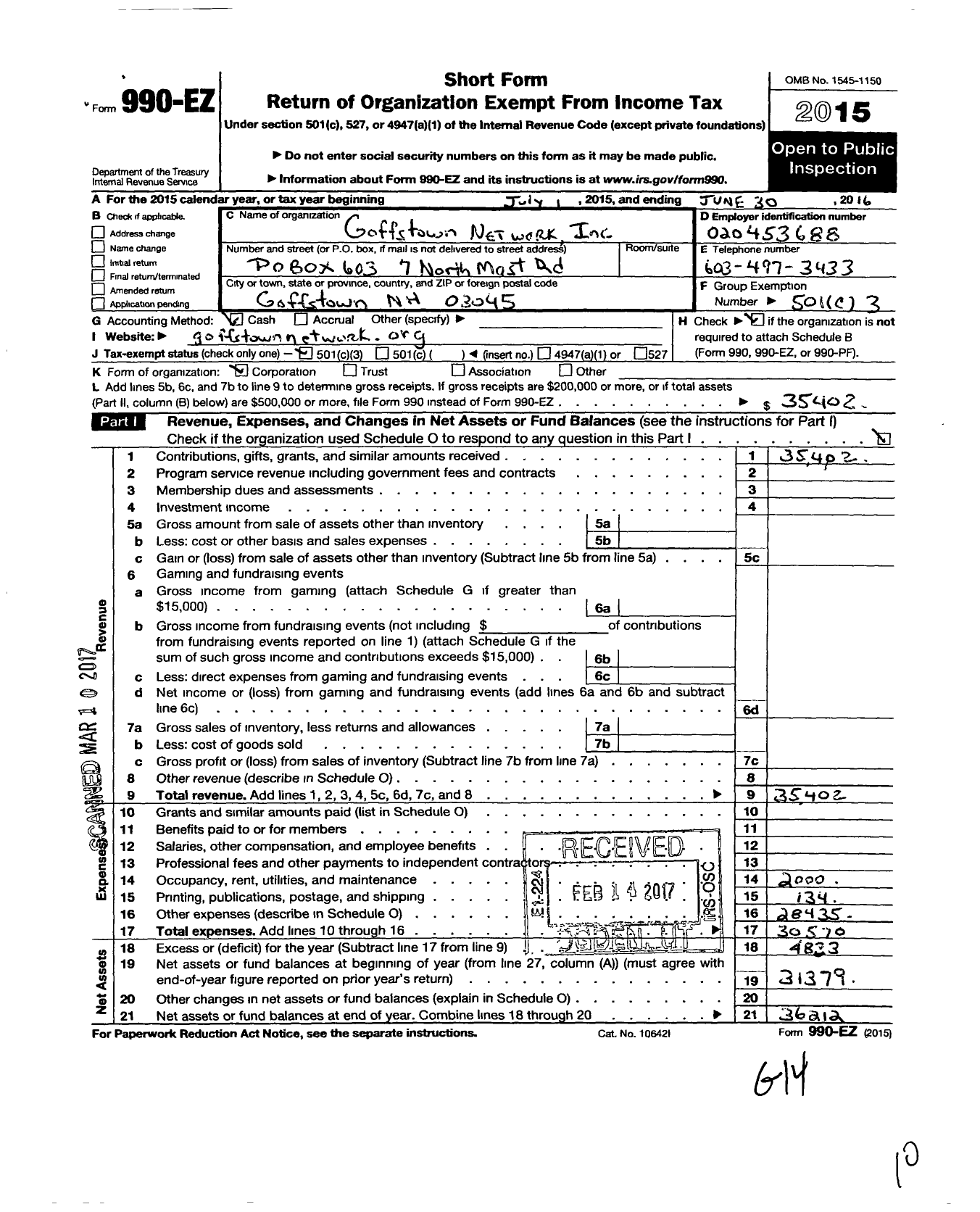 Image of first page of 2015 Form 990EZ for Goffstown Network