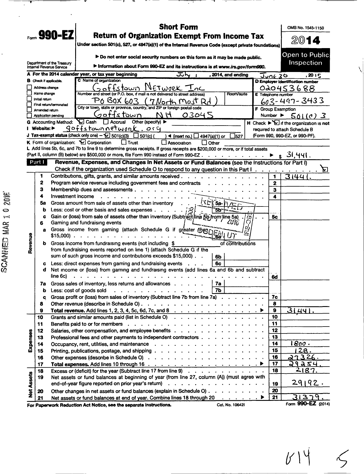 Image of first page of 2014 Form 990EZ for Goffstown Network