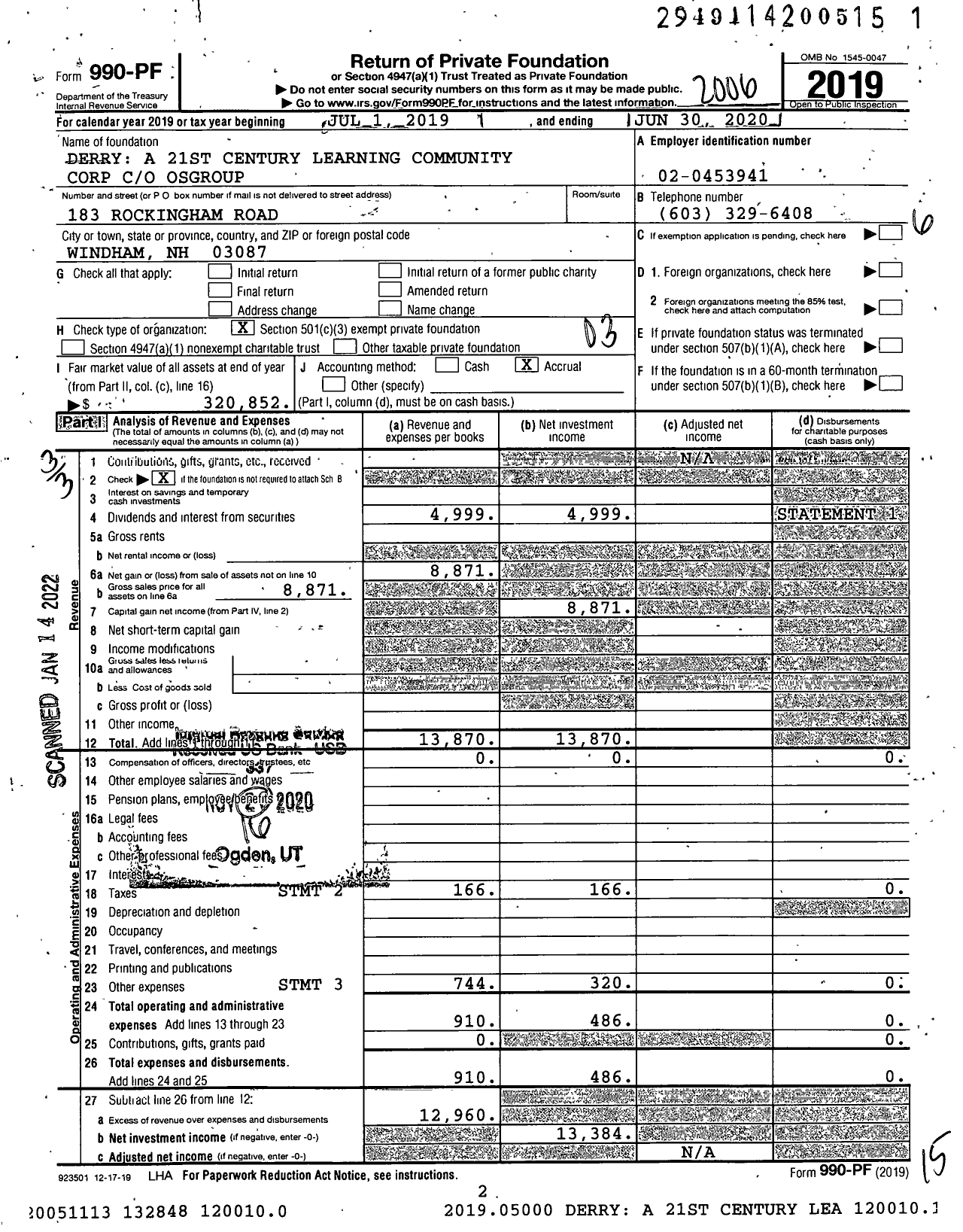 Image of first page of 2019 Form 990PF for Derry A 21st Century Learning Community Corporation