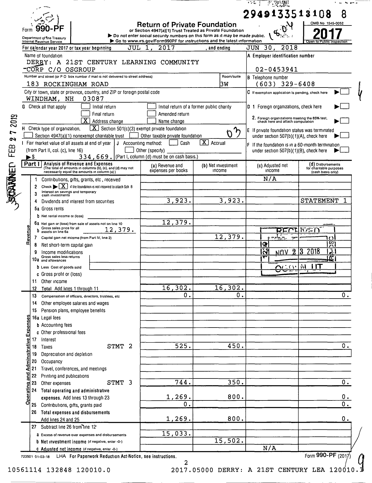 Image of first page of 2017 Form 990PF for Derry A 21st Century Learning Community Corporation