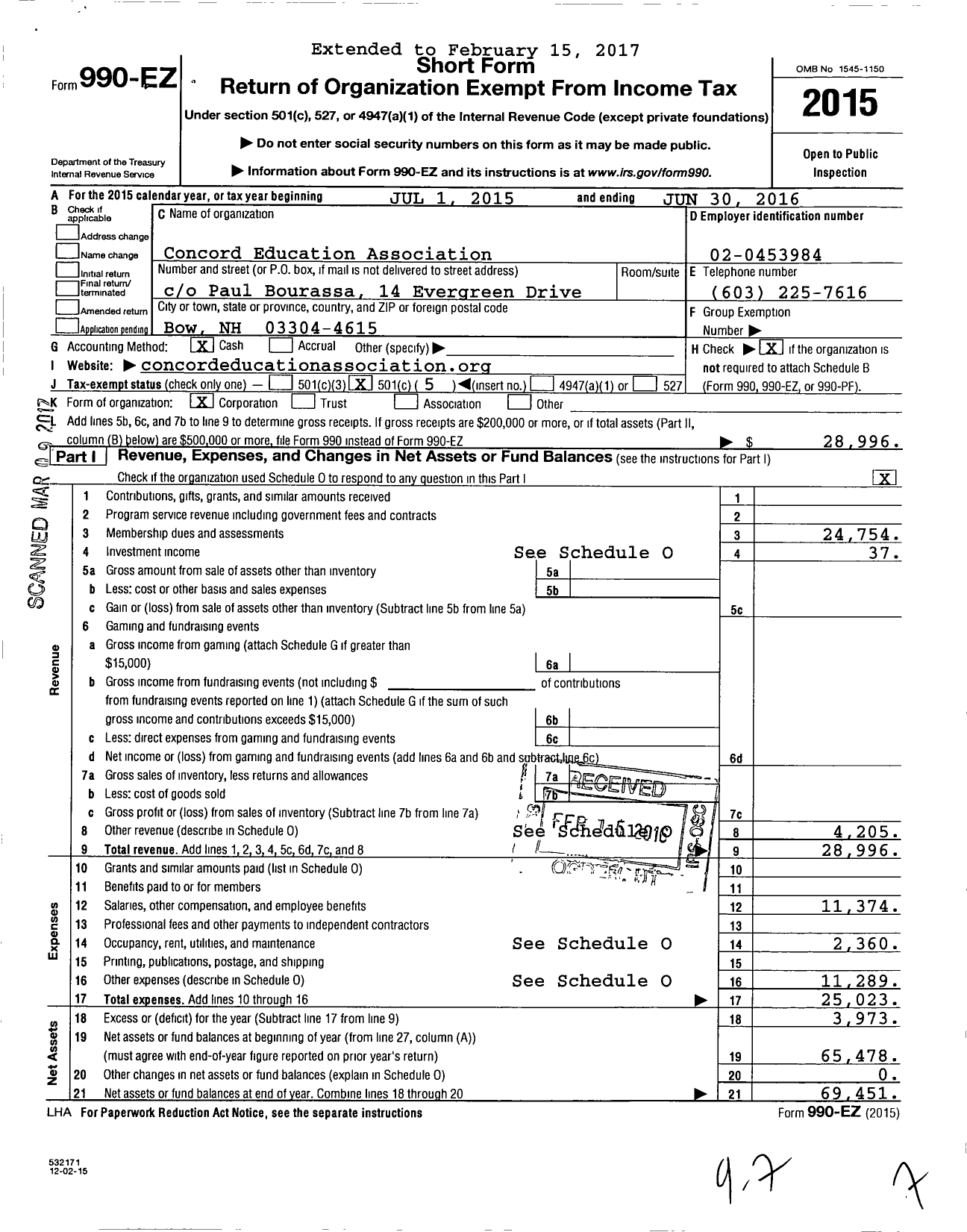 Image of first page of 2015 Form 990EO for Concord Education Association