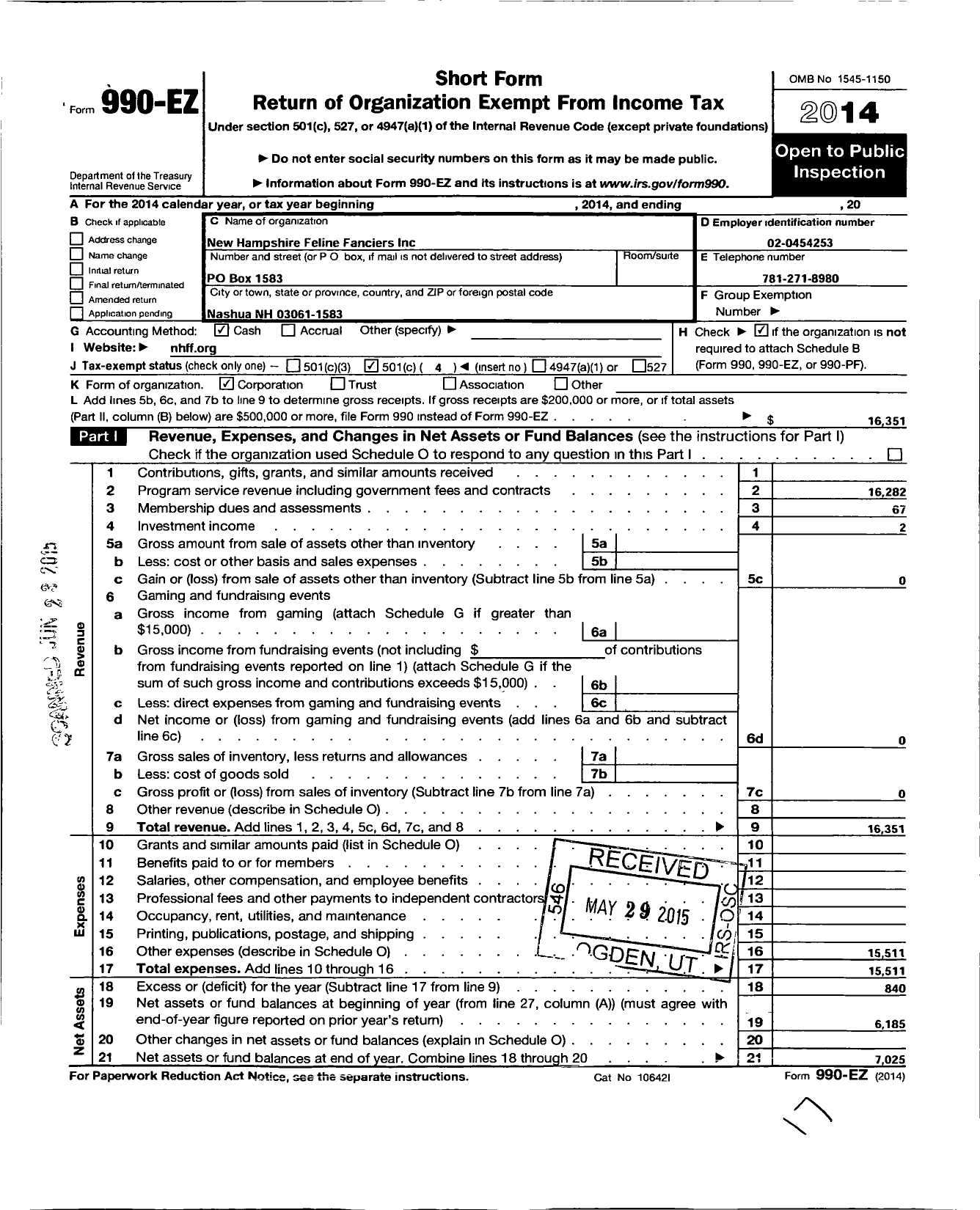 Image of first page of 2014 Form 990EO for New Hampshire Feline Fanciers