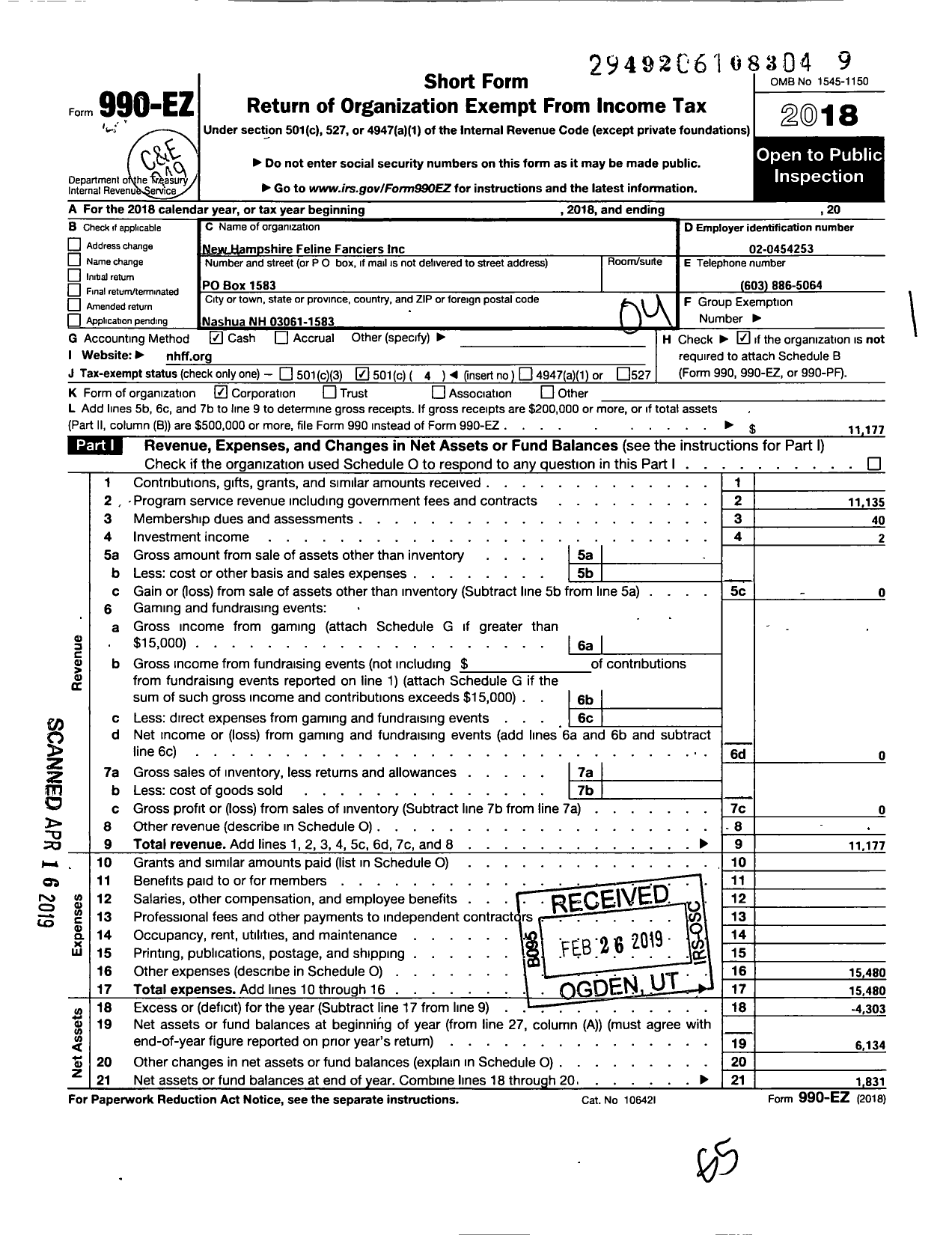 Image of first page of 2018 Form 990EO for New Hampshire Feline Fanciers