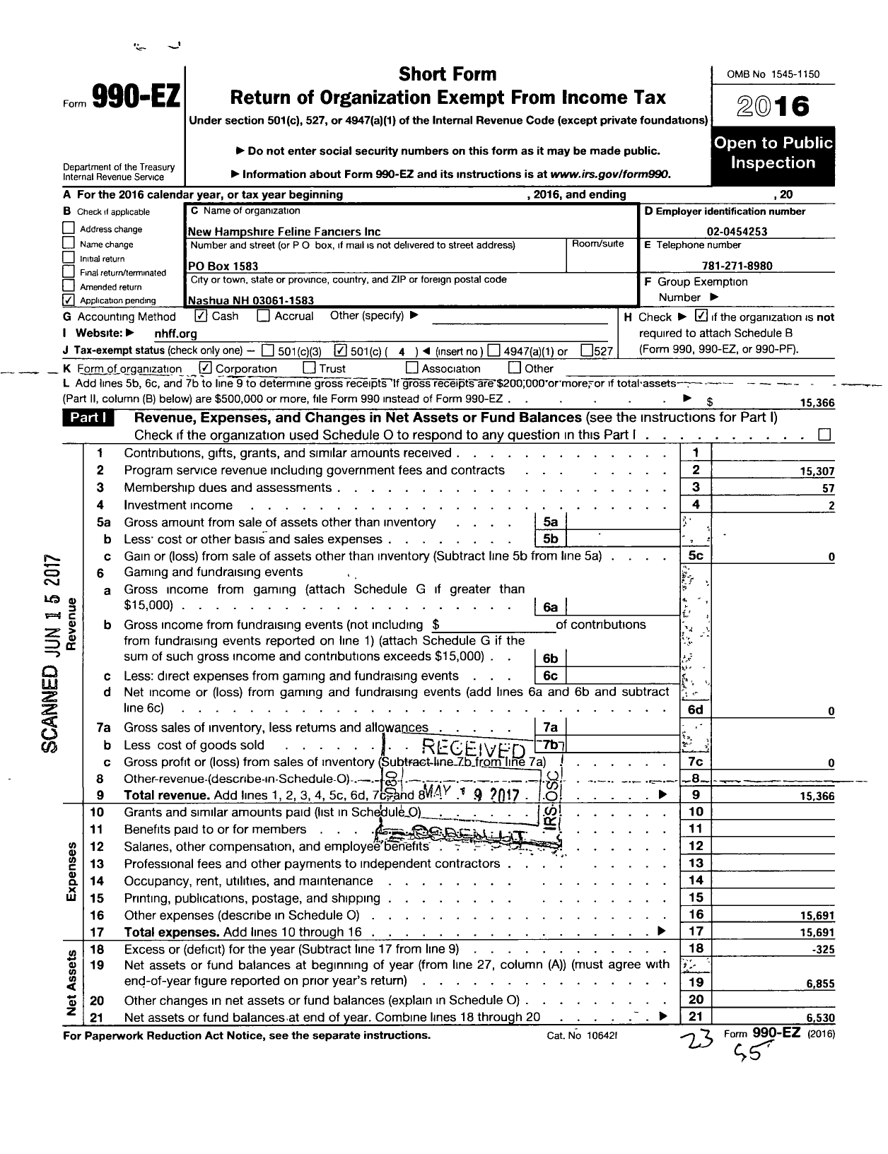 Image of first page of 2016 Form 990EO for New Hampshire Feline Fanciers