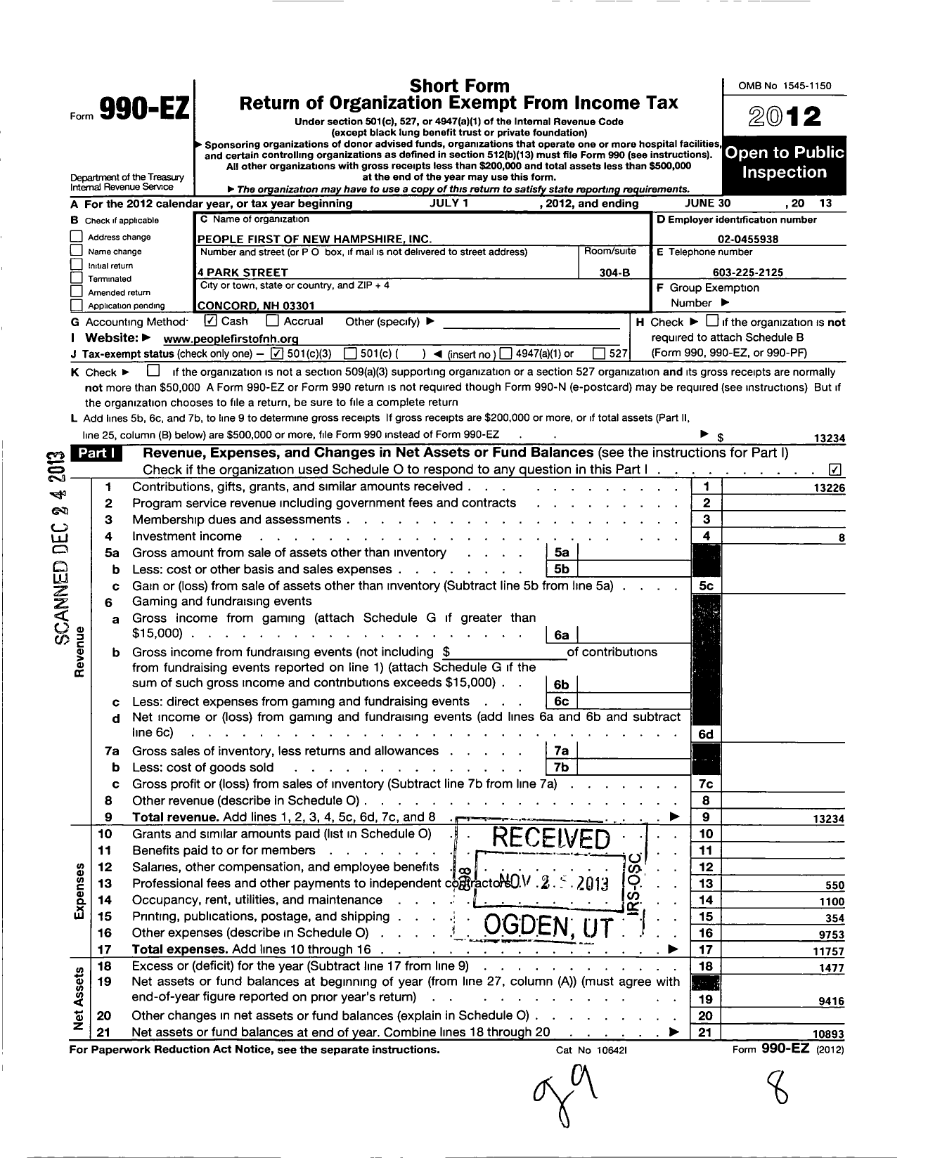 Image of first page of 2012 Form 990EZ for People First of New Hampshire