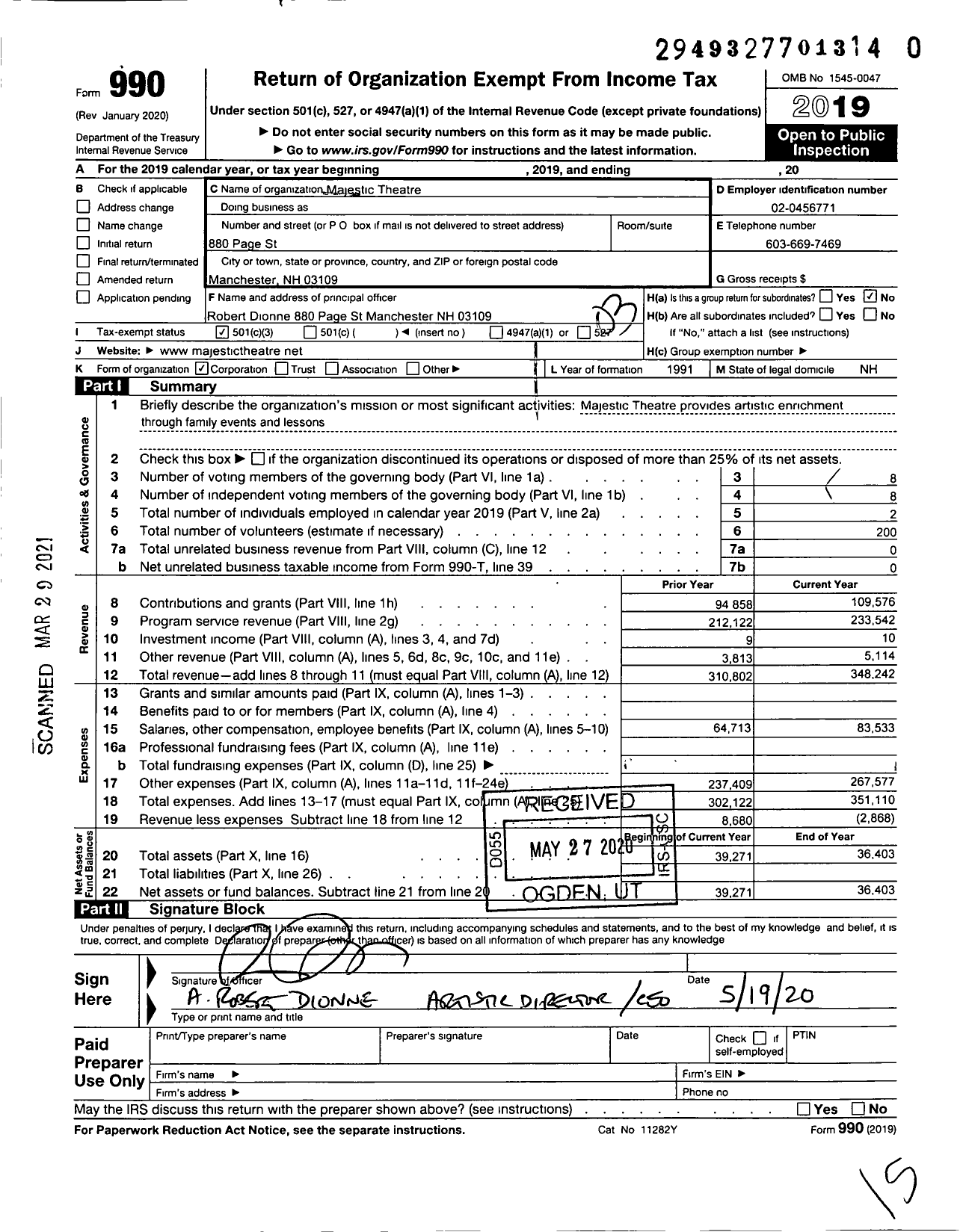 Image of first page of 2019 Form 990 for Majestic Theatre