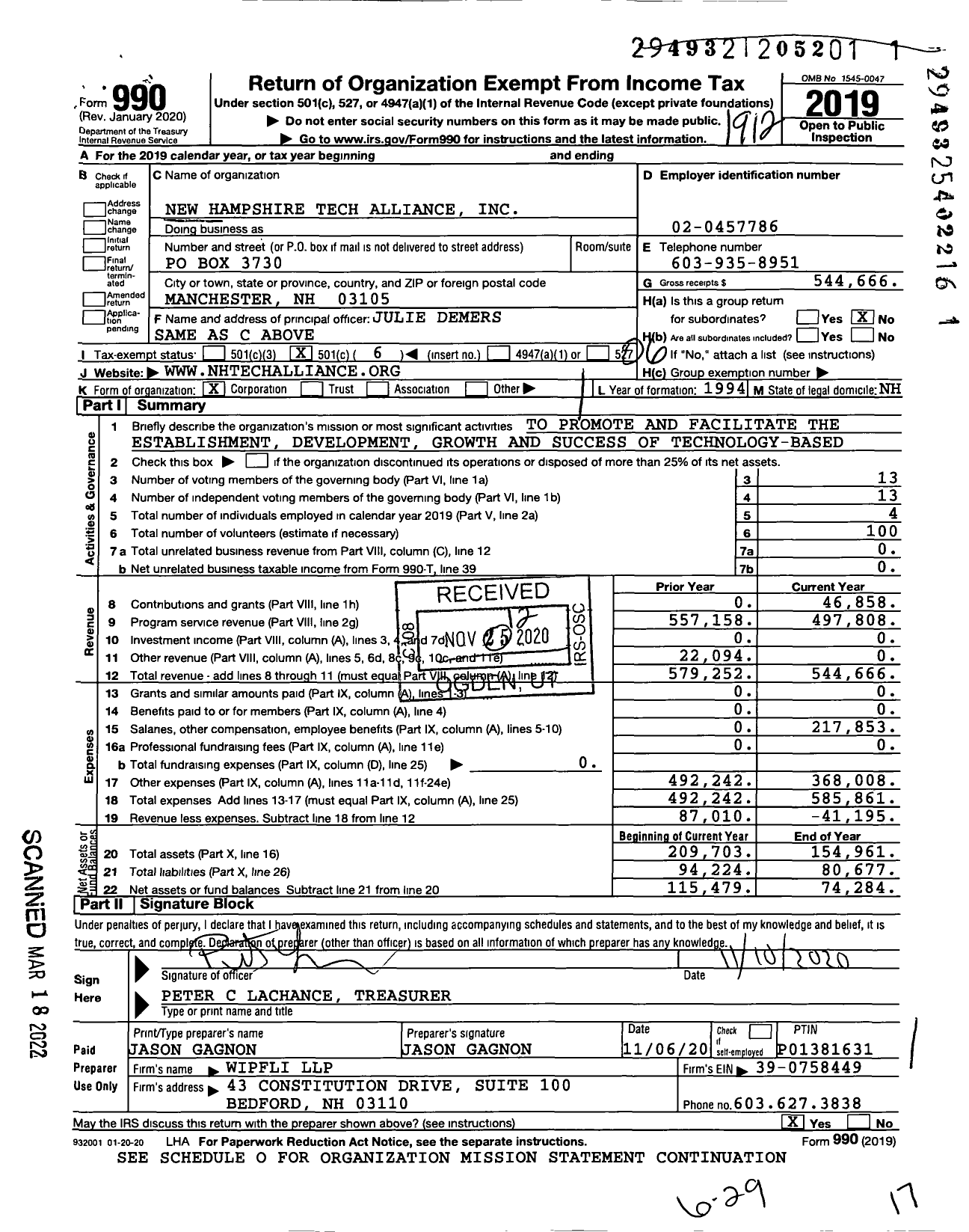 Image of first page of 2019 Form 990O for New Hampshire Technology Alliance
