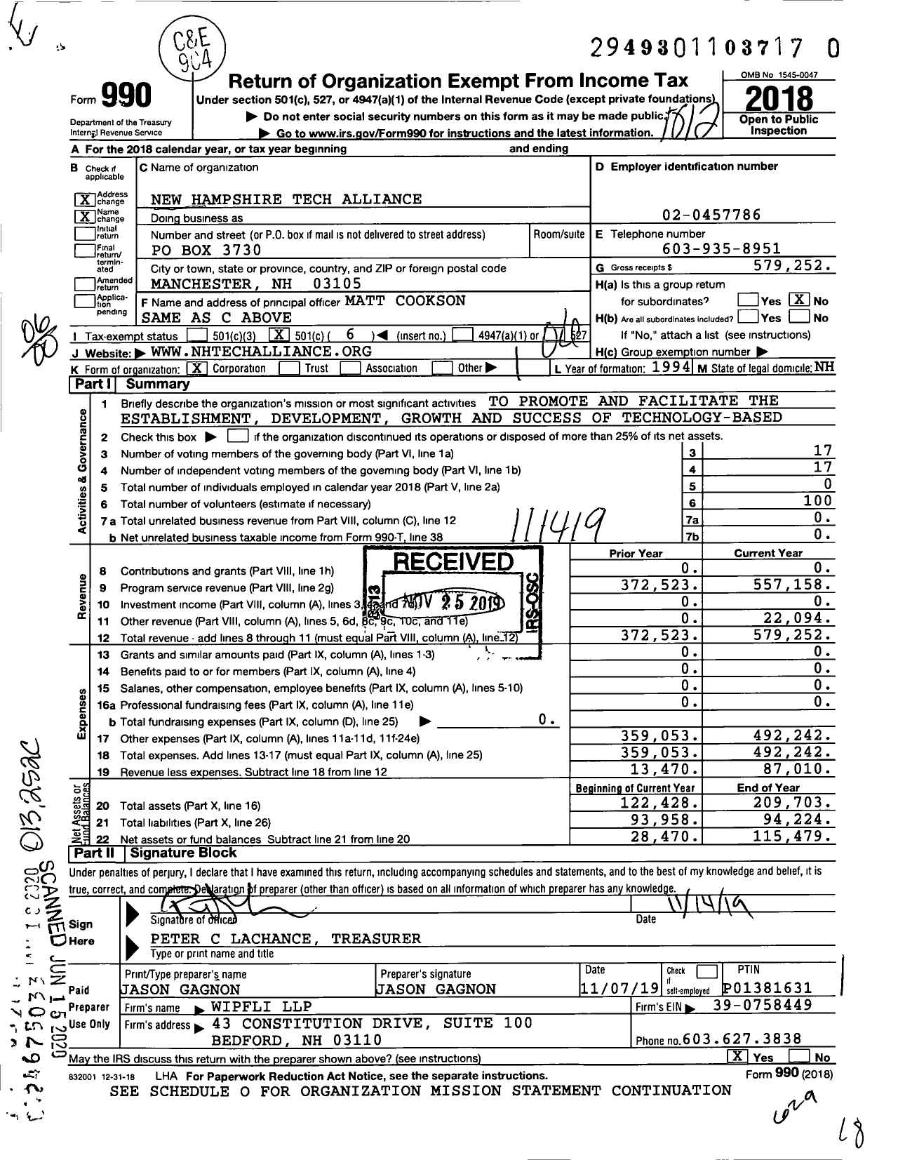 Image of first page of 2018 Form 990O for New Hampshire Technology Alliance