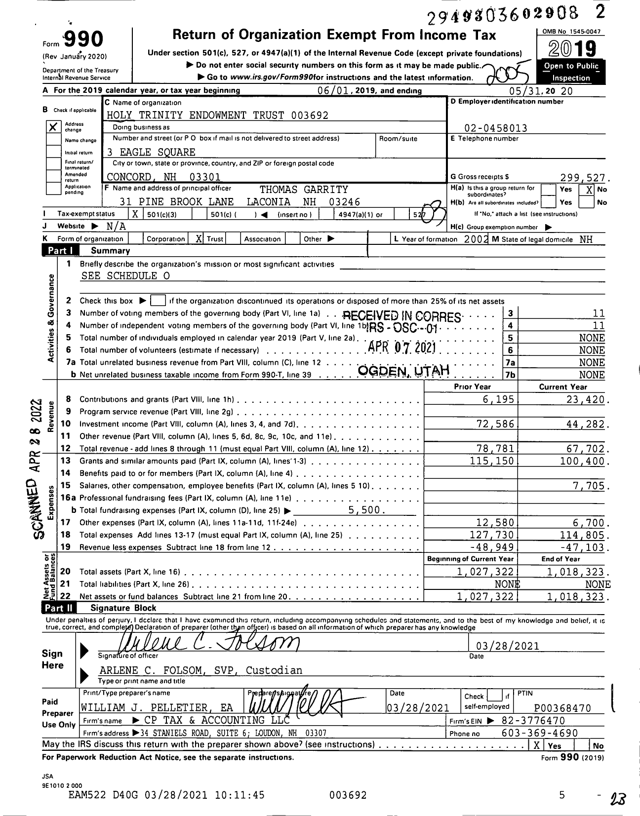 Image of first page of 2019 Form 990 for Holy Trinity Endowment Trust 003692