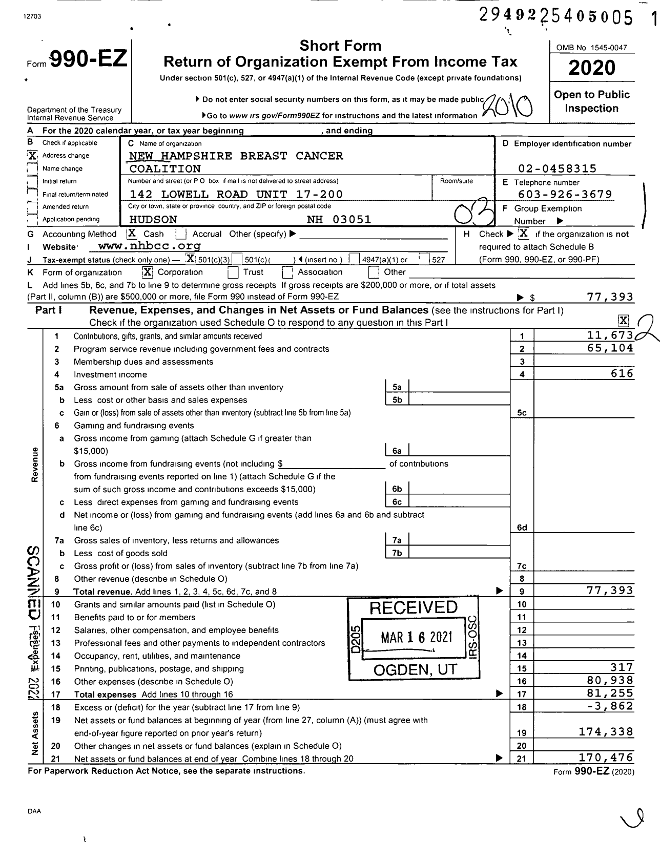 Image of first page of 2019 Form 990EZ for New Hampshire Breast Cancer Coalition