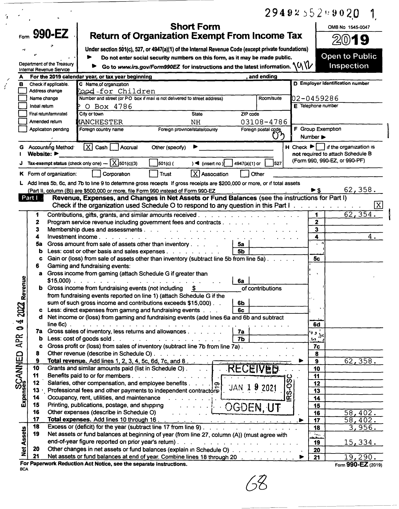 Image of first page of 2019 Form 990EZ for Food For Children