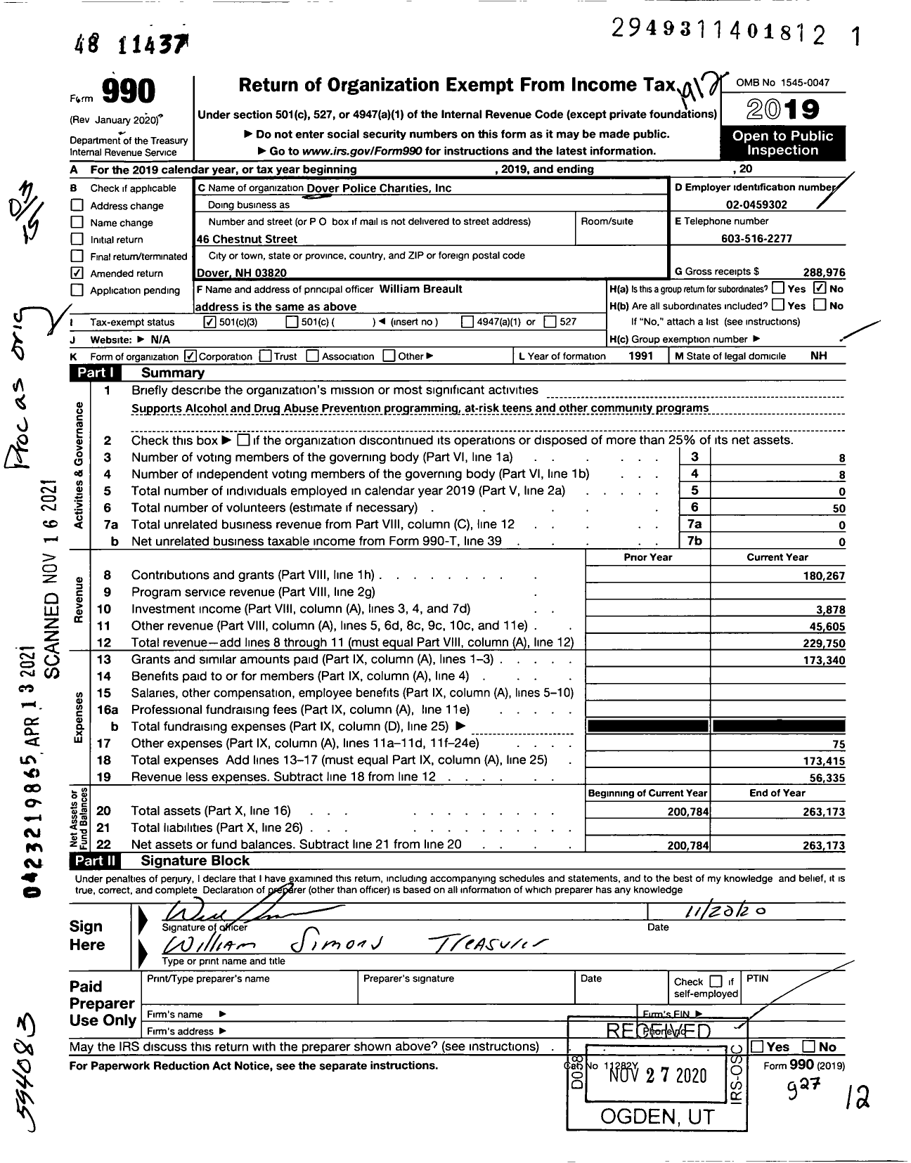 Image of first page of 2019 Form 990 for Dover Police Charities