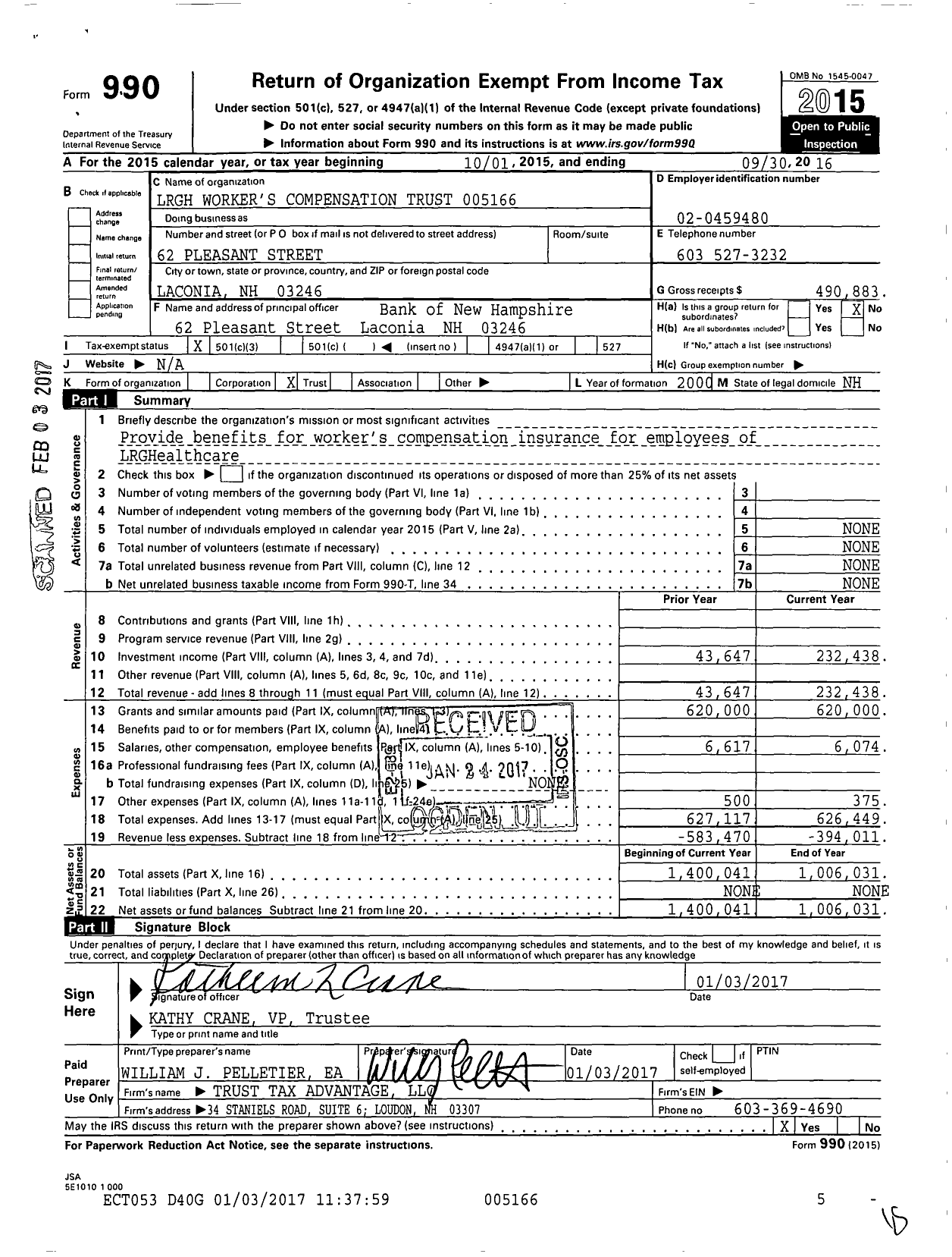 Image of first page of 2015 Form 990 for LRGH Worker's Compensation Trust 005166