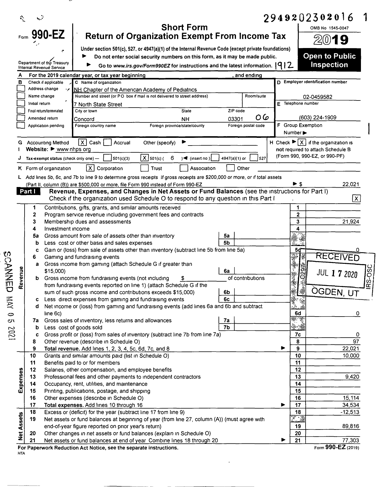 Image of first page of 2019 Form 990EO for NH Chapter of the American Academy of Pediatrics