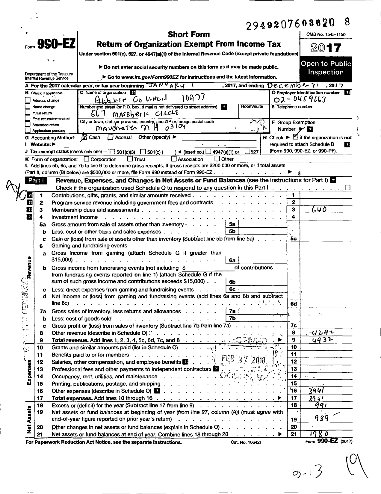 Image of first page of 2017 Form 990EO for Knights of Columbus - 10973 Auburn Council