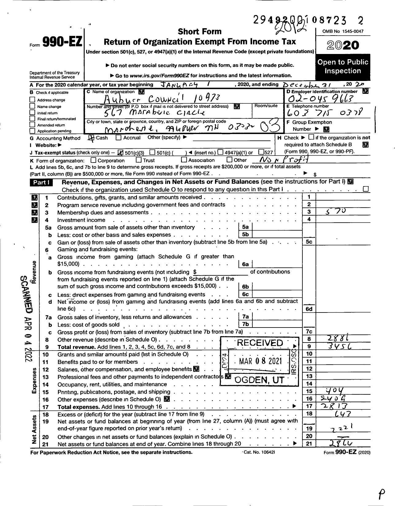 Image of first page of 2020 Form 990EZ for Knights of Columbus - 10973 Auburn Council