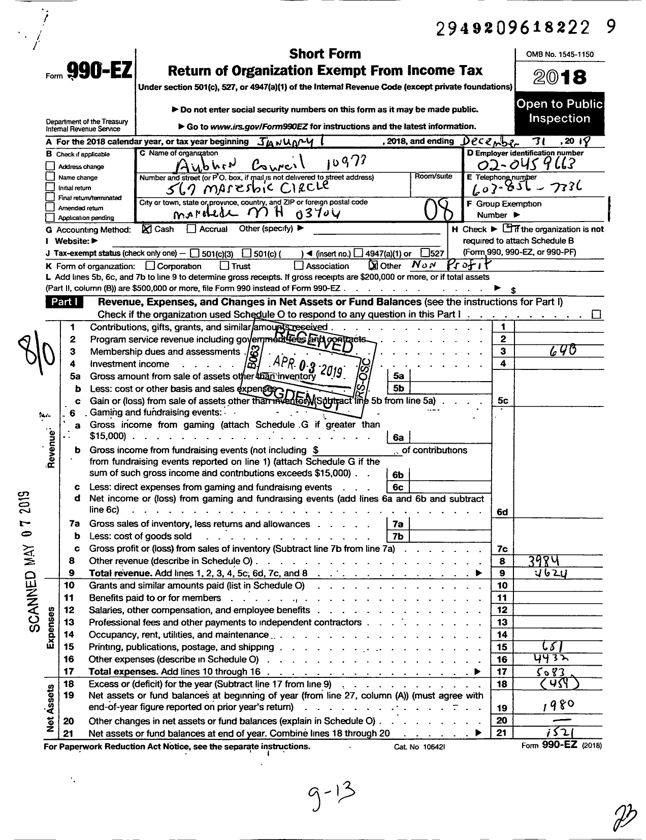 Image of first page of 2018 Form 990EO for Knights of Columbus - 10973 Auburn Council