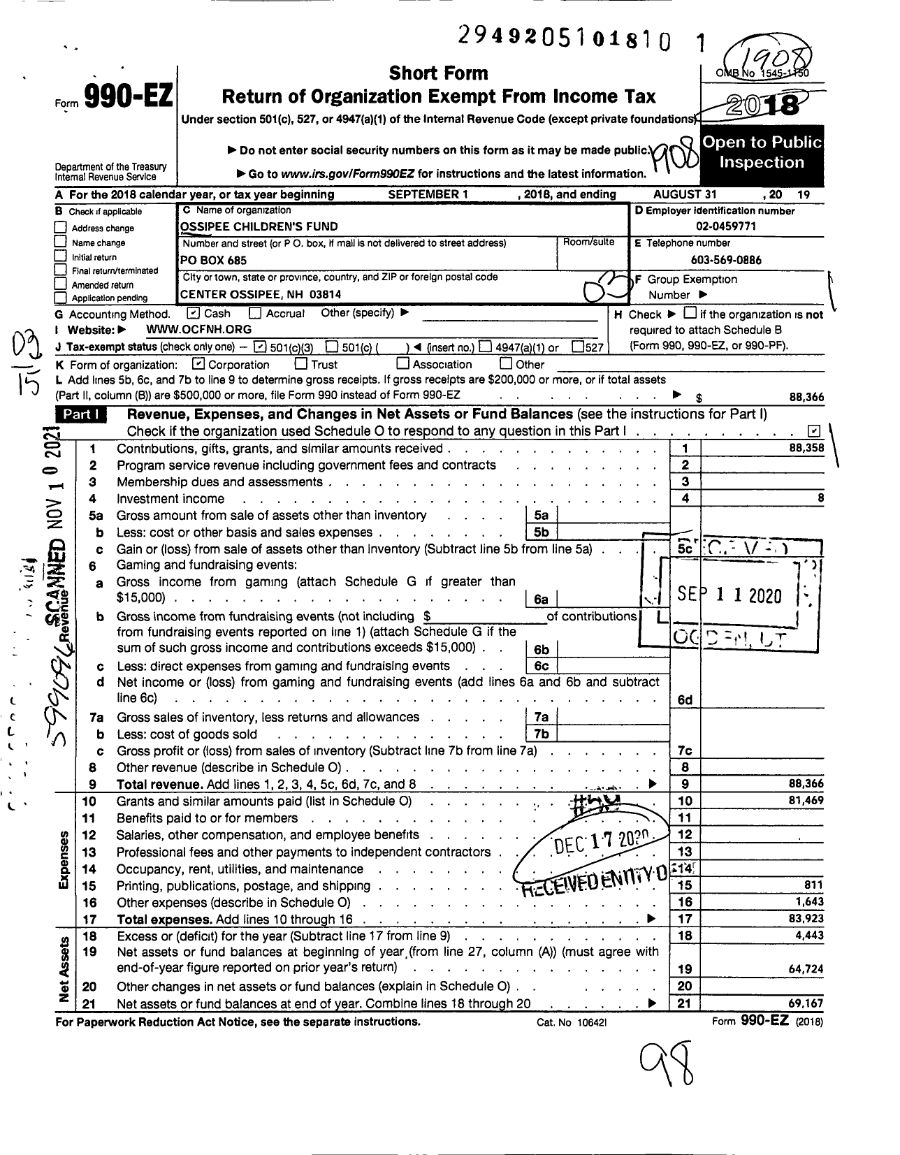 Image of first page of 2018 Form 990EZ for Ossipee Childrens Fund