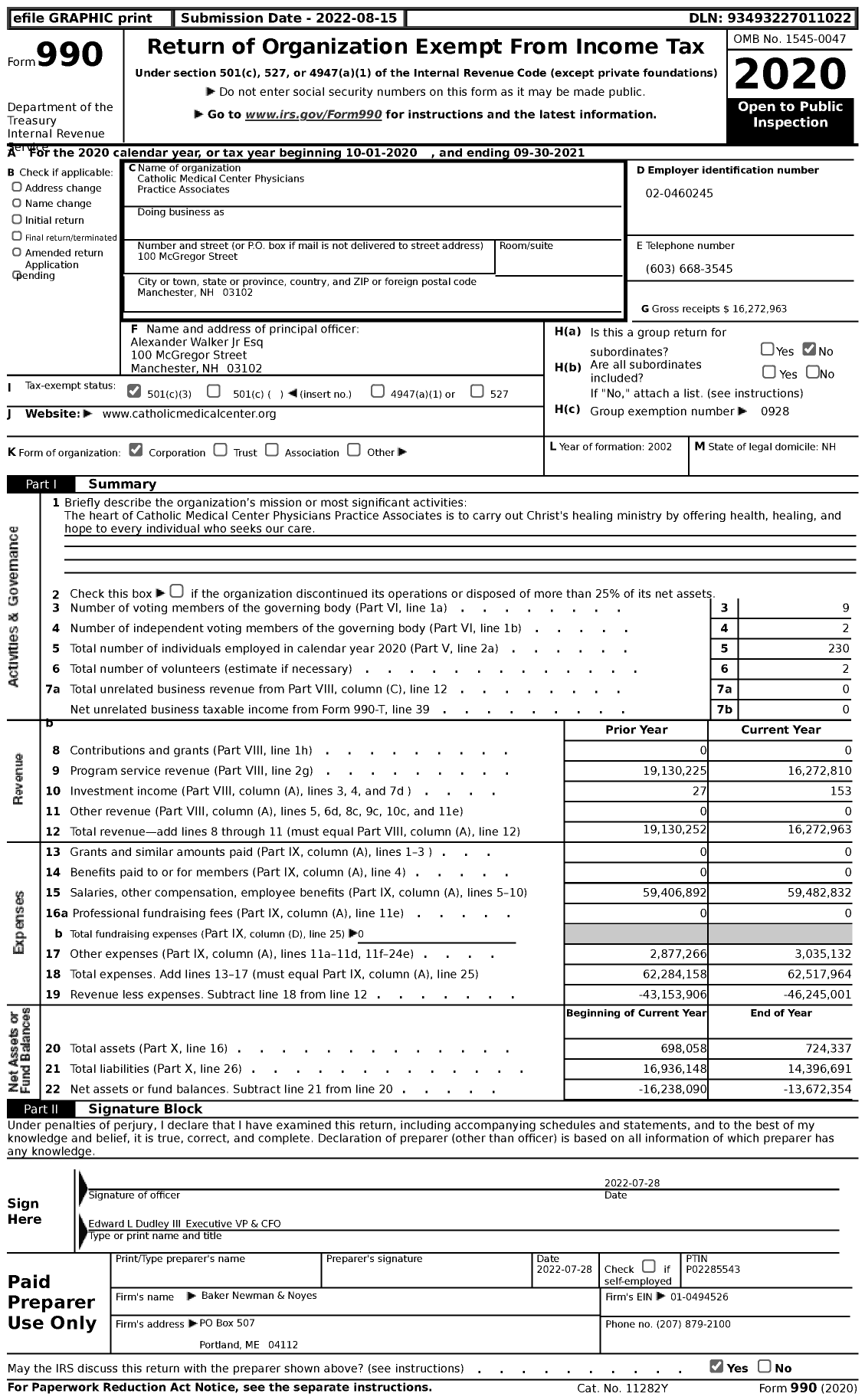 Image of first page of 2020 Form 990 for Catholic Medical Center Physicians Practice Associates