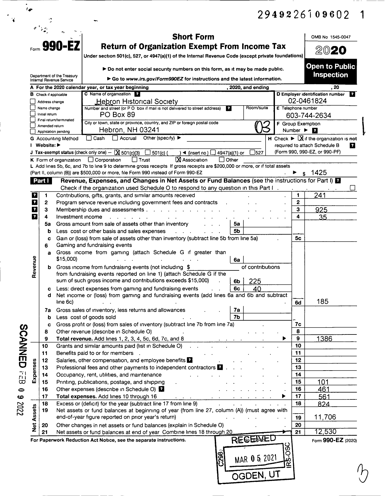 Image of first page of 2020 Form 990EZ for Hebron Historical Society