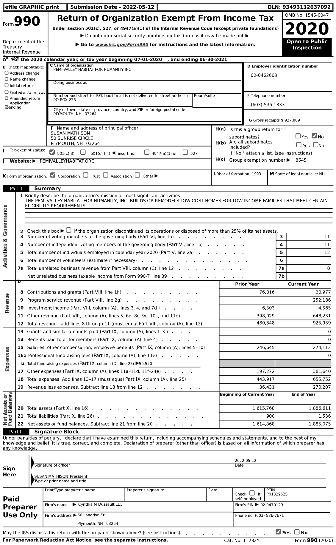 Image of first page of 2020 Form 990 for Habitat for Humanity - Pemi Valley Habitat