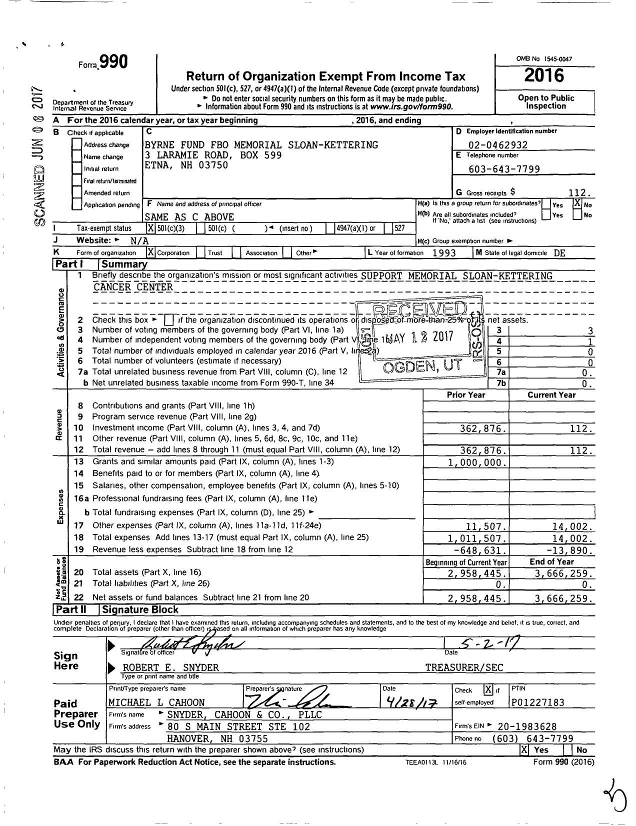 Image of first page of 2016 Form 990 for Byrne Fund Fbo Memorial Sloan Kettering