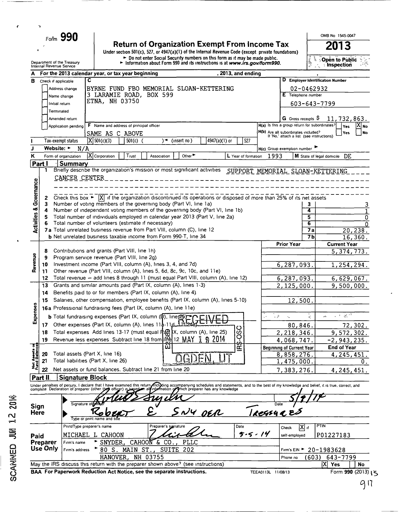 Image of first page of 2013 Form 990 for Byrne Fund Fbo Memorial Sloan Kettering