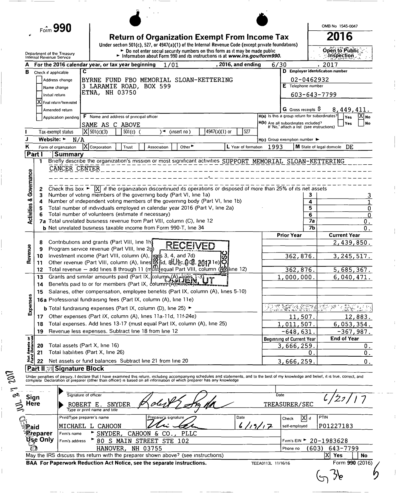 Image of first page of 2016 Form 990 for Byrne Fund Fbo Memorial Sloan Kettering