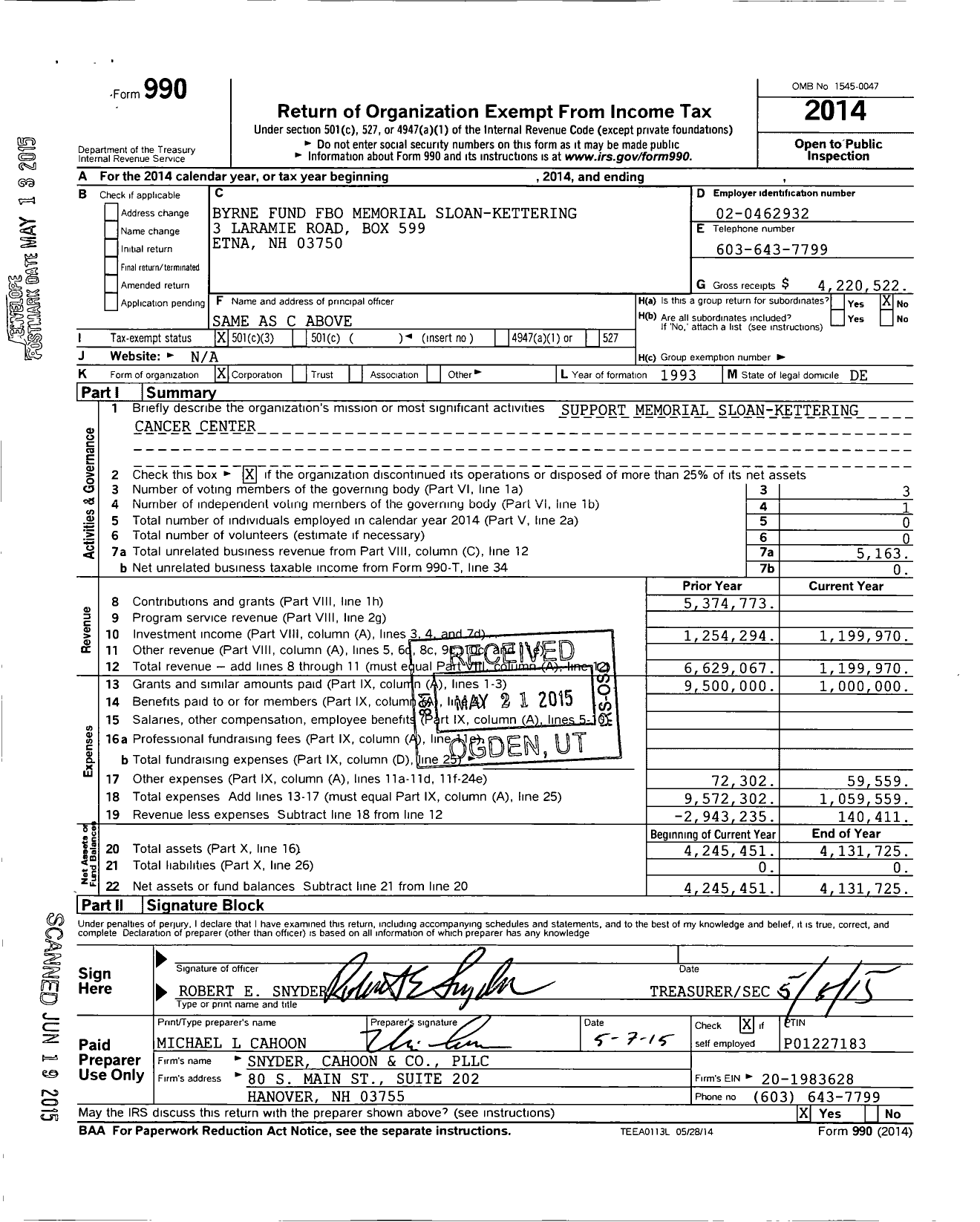 Image of first page of 2014 Form 990 for Byrne Fund Fbo Memorial Sloan Kettering