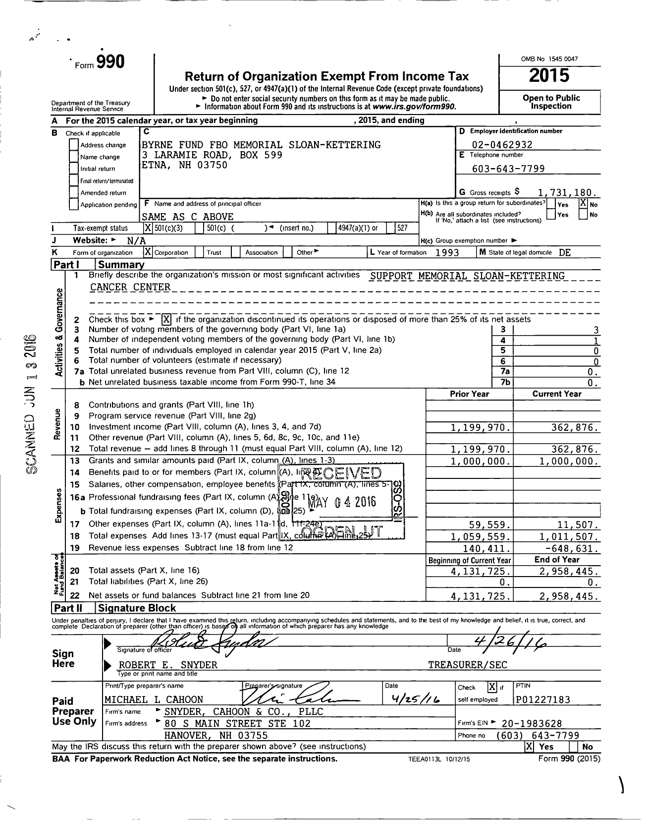 Image of first page of 2015 Form 990 for Byrne Fund Fbo Memorial Sloan Kettering