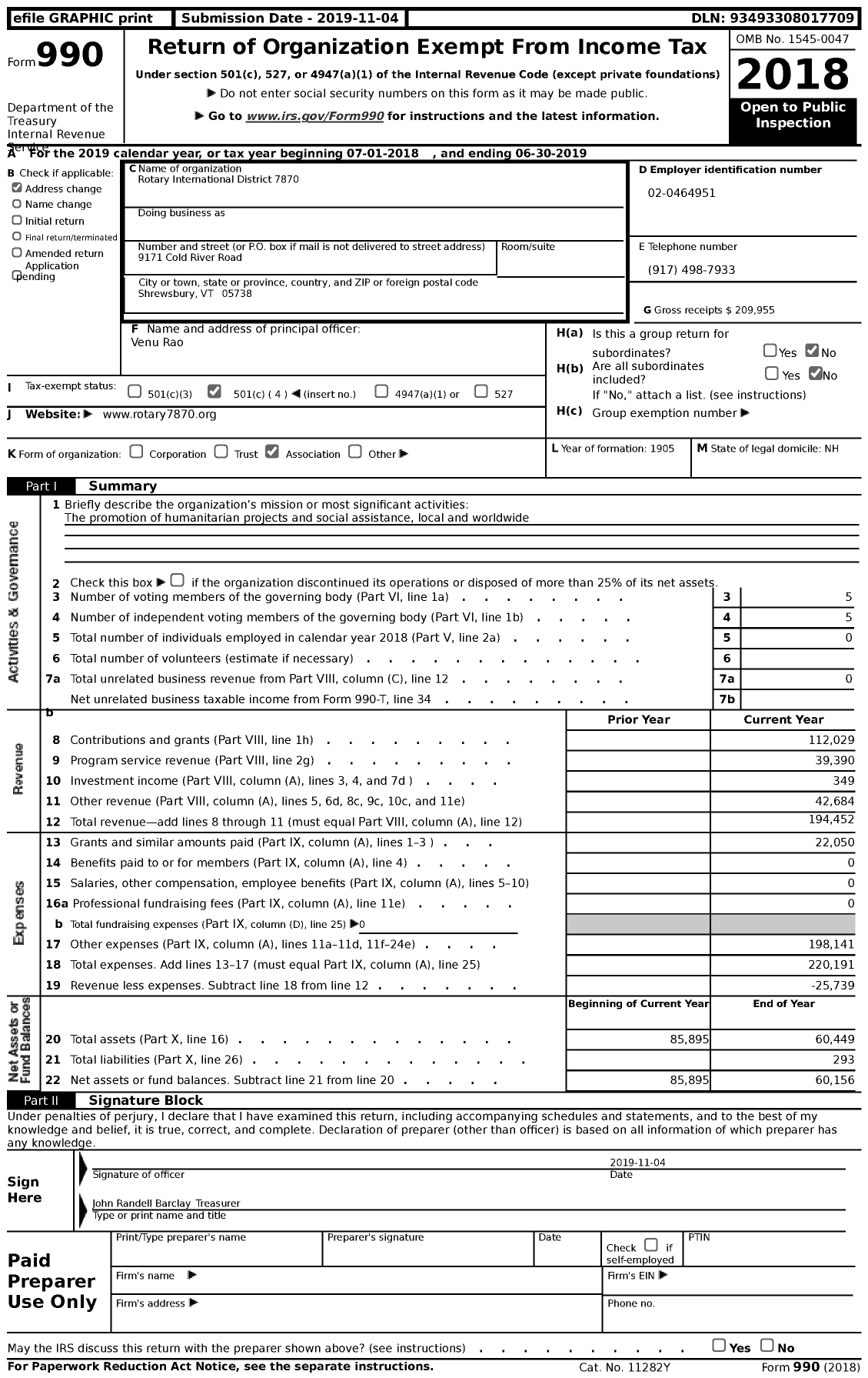 Image of first page of 2018 Form 990 for Rotary International - 7870 Rotary District