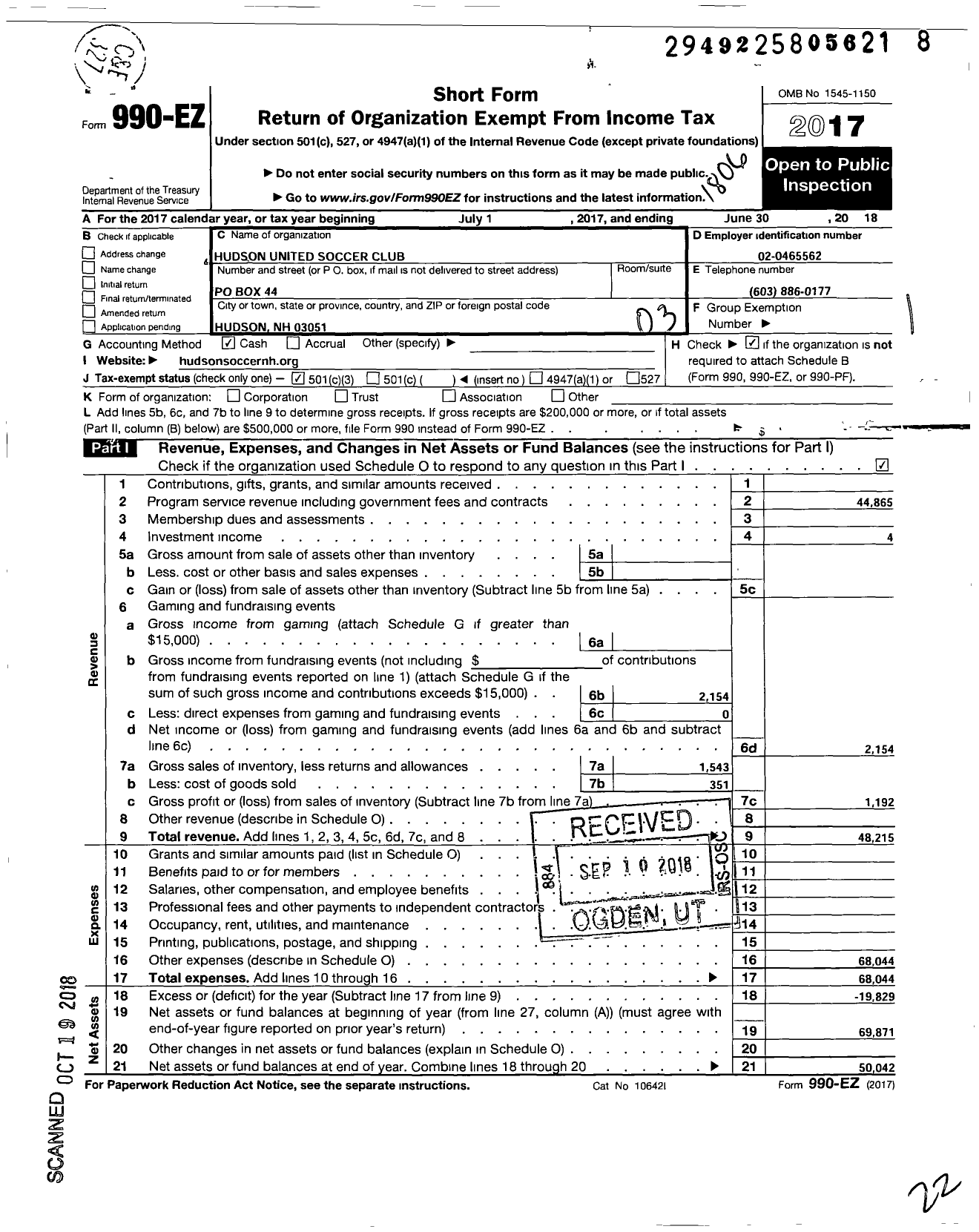 Image of first page of 2017 Form 990EZ for Hudson United Soccer Culb