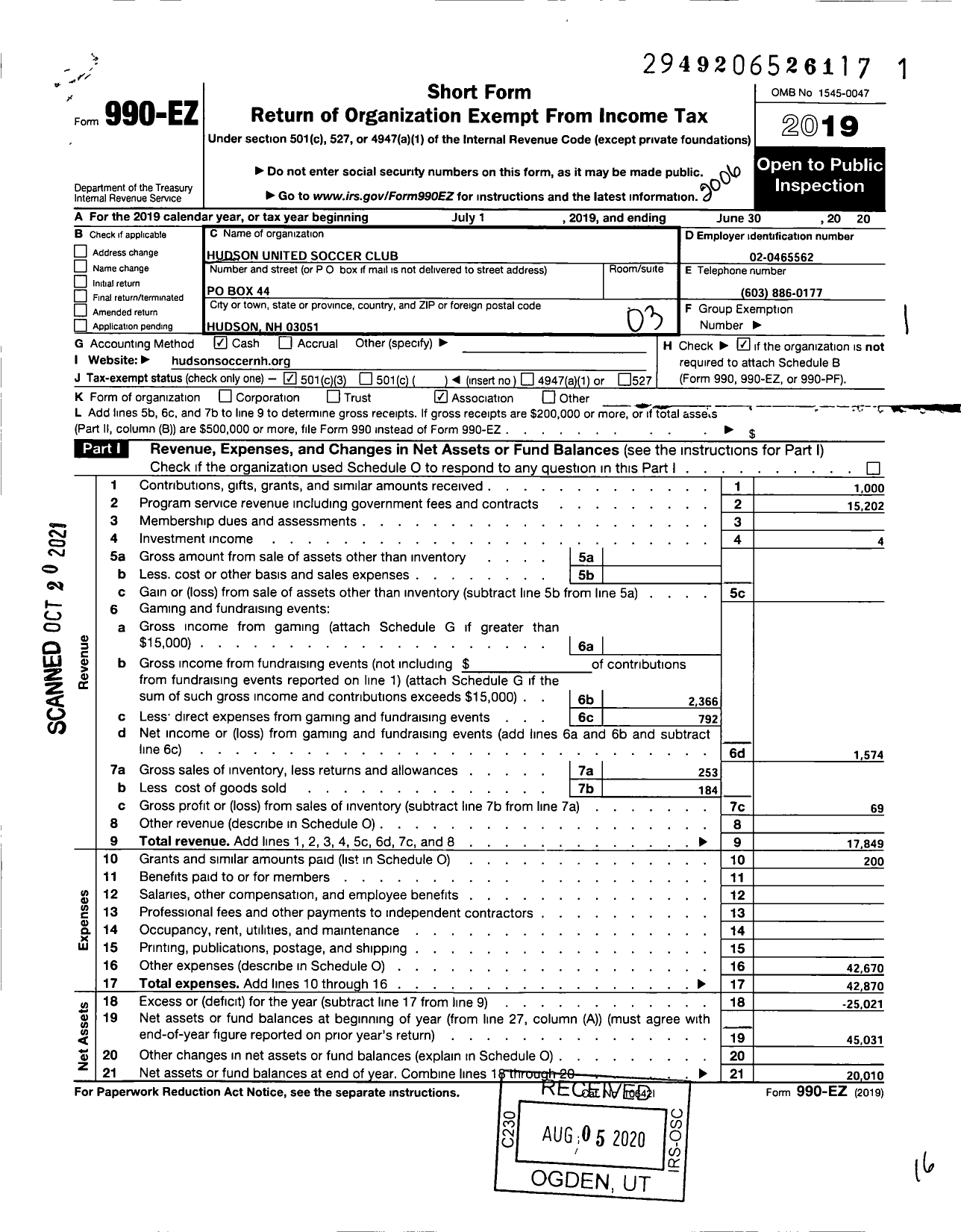 Image of first page of 2019 Form 990EZ for Hudson United Soccer Culb