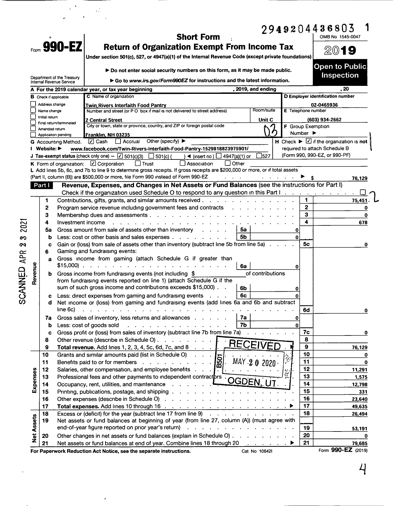 Image of first page of 2019 Form 990EZ for Twin Rivers Food Pantry