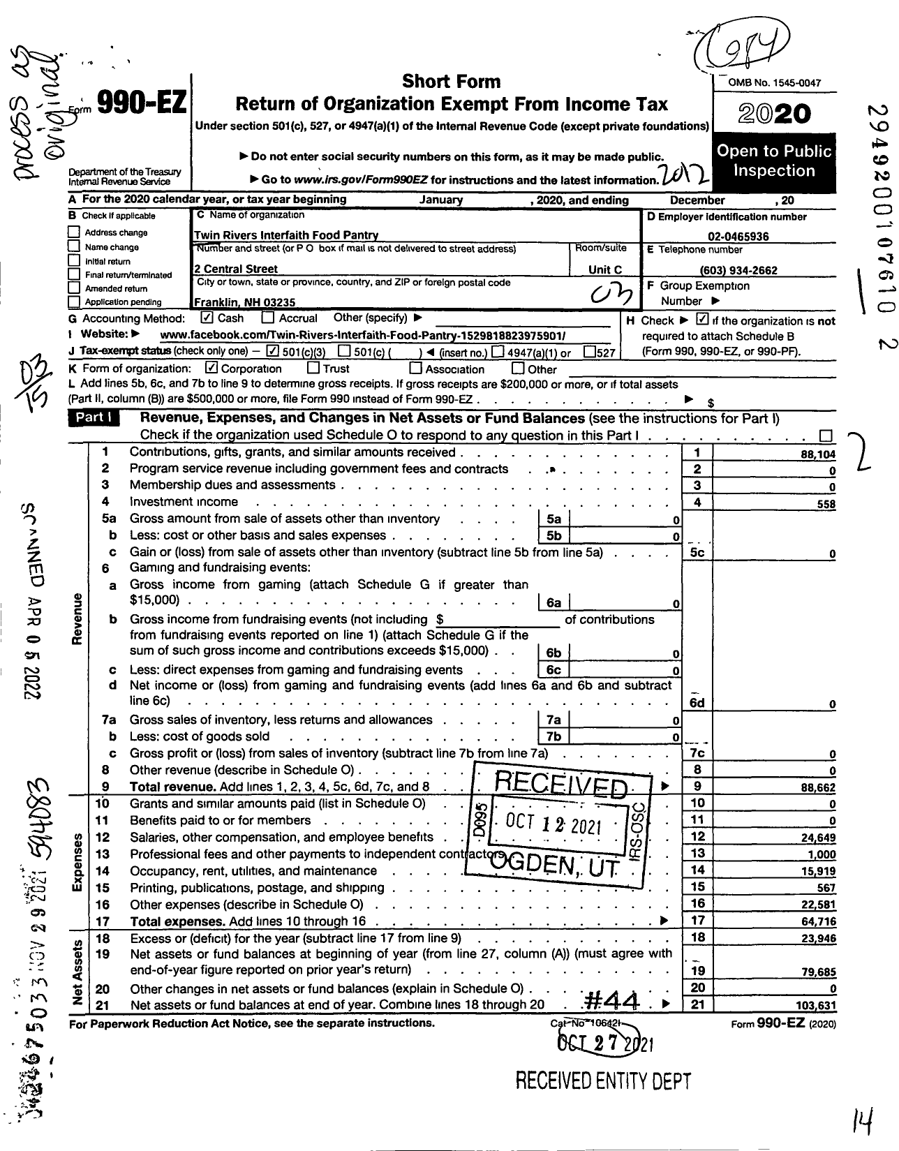 Image of first page of 2020 Form 990EZ for Twin Rivers Food Pantry