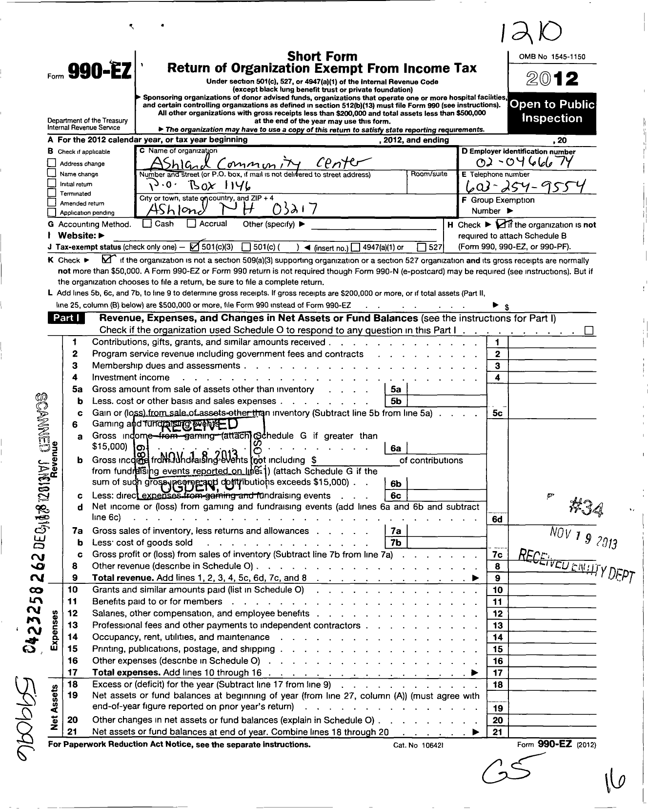 Image of first page of 2011 Form 990EZ for Ashland Community Center