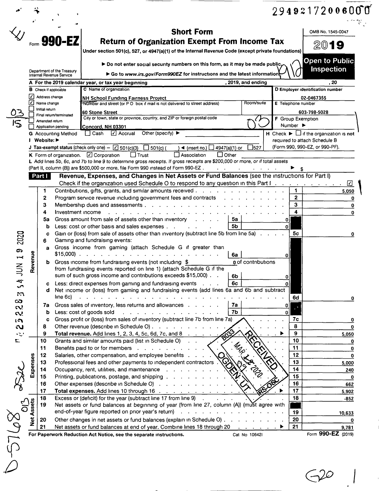 Image of first page of 2019 Form 990EZ for NH School Funding Fairness Project