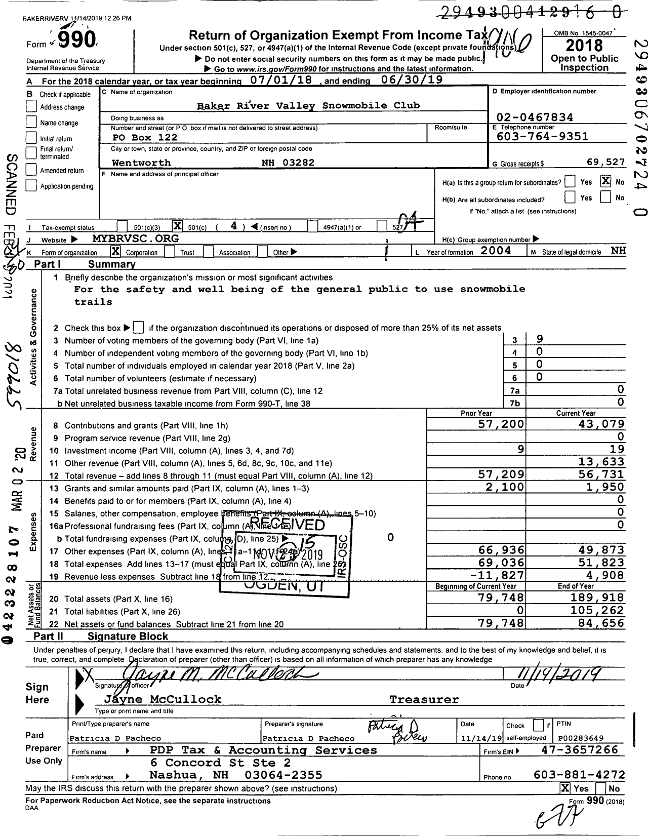 Image of first page of 2018 Form 990O for Baker River Valley Snowmobile Club