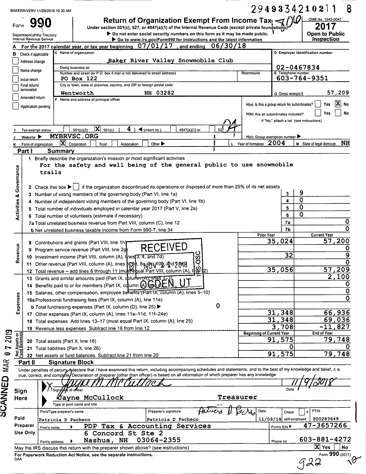 Image of first page of 2017 Form 990O for Baker River Valley Snowmobile Club