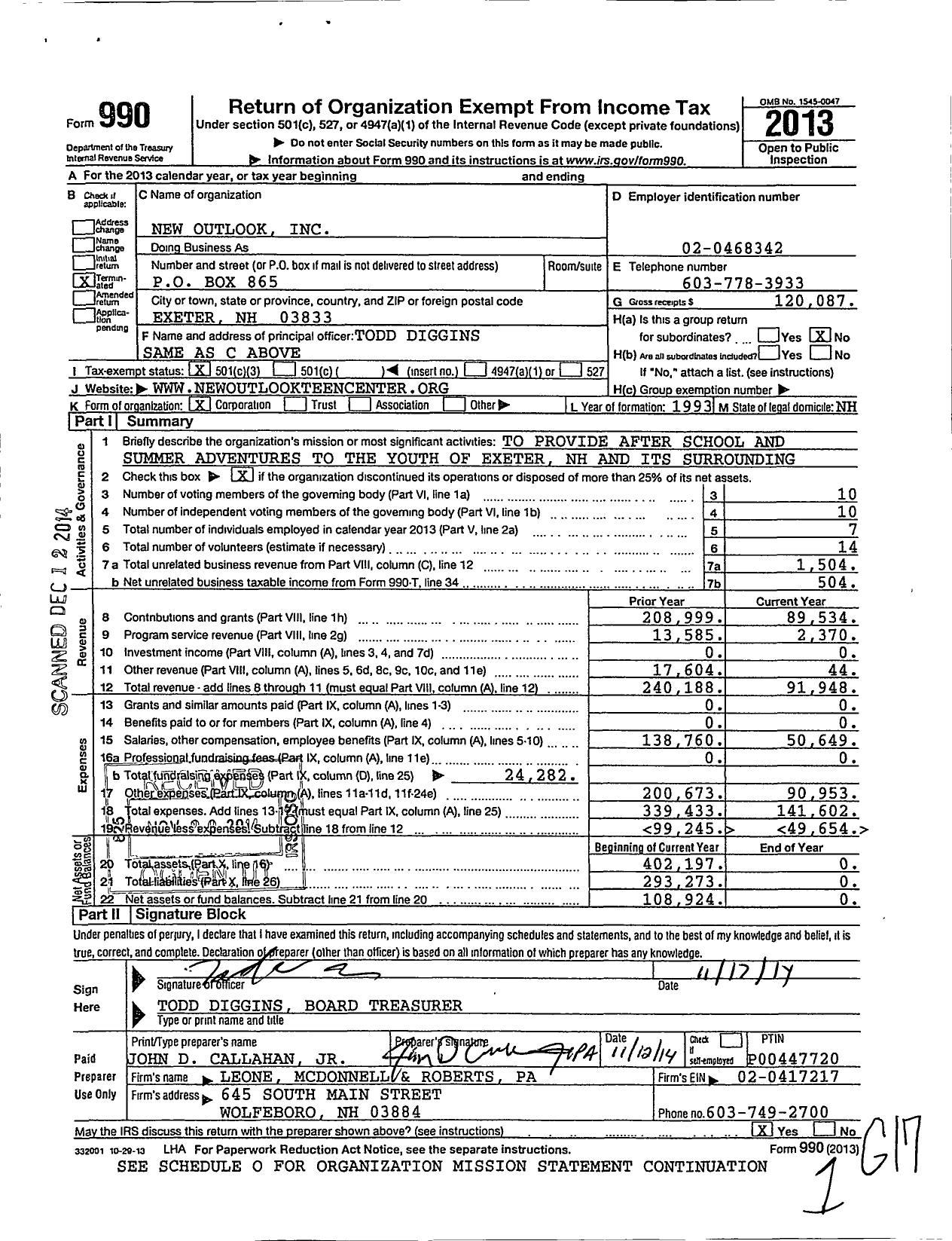 Image of first page of 2013 Form 990 for New Outlook