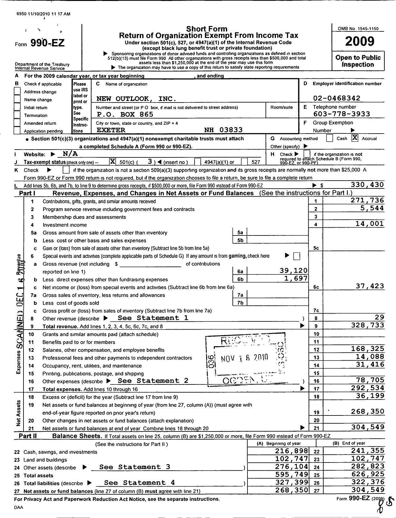 Image of first page of 2009 Form 990EZ for New Outlook