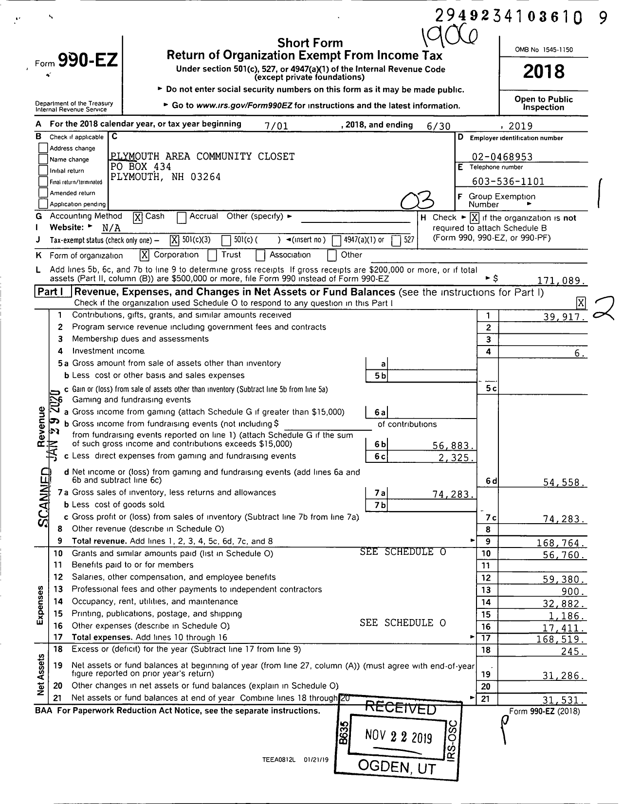 Image of first page of 2018 Form 990EZ for Plymouth Area Community Closet