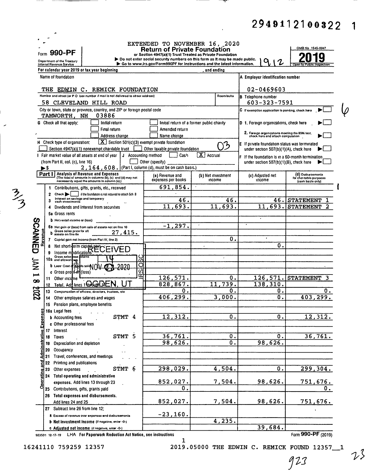 Image of first page of 2019 Form 990PF for The Edwin C Remick Foundation