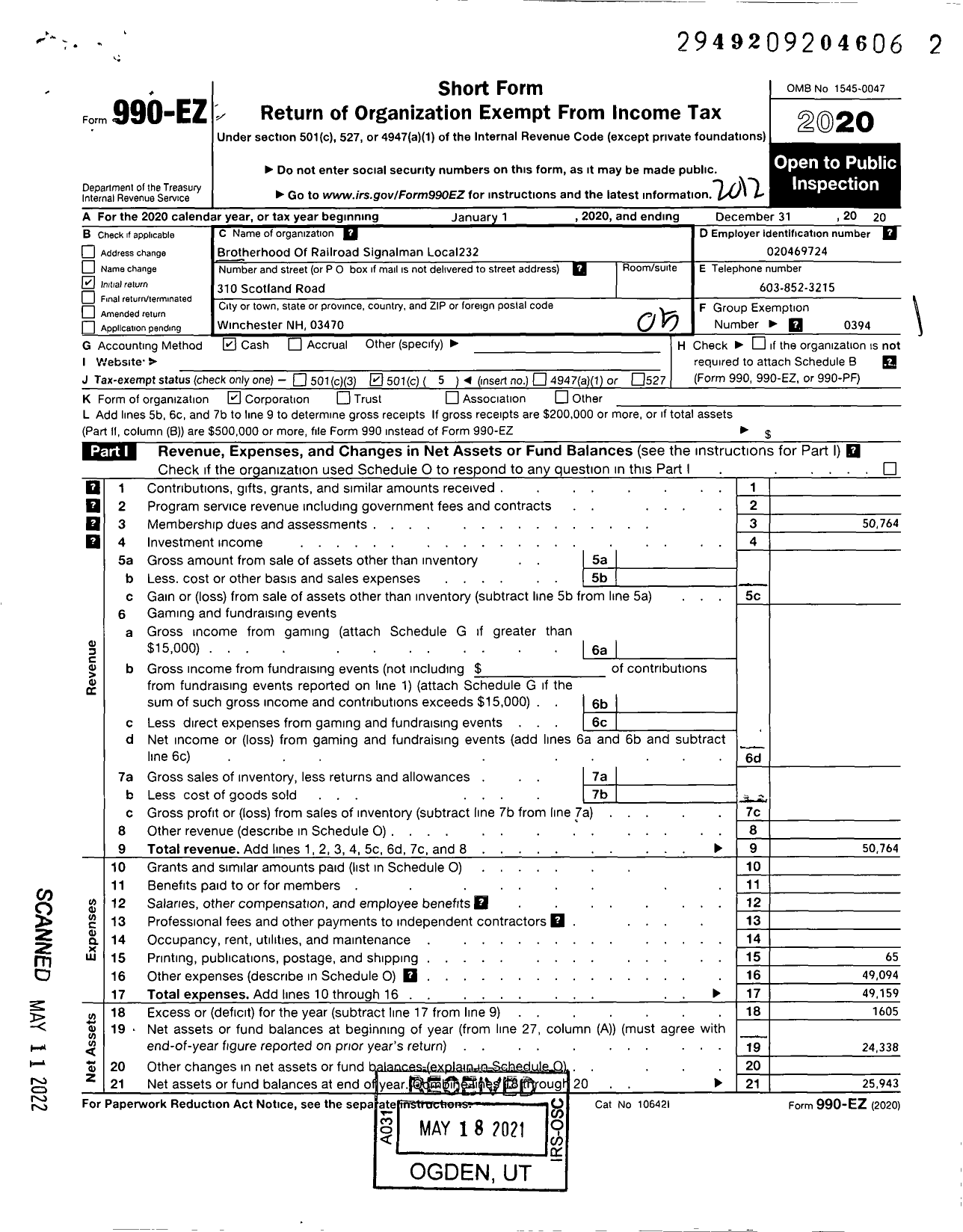 Image of first page of 2020 Form 990EO for Brotherhood of Railroad Signalmen - 232 BRS Local